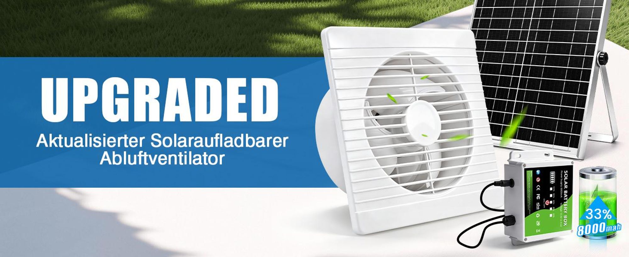 Solar Ventilator mit 8000mAh Powerbank 22W Solarlüfter Ø200mm mit 4M Kabel Lüftungsstufenregelung Zeitfunktion 500 m³/h 36dB für Hühnerstall Treibhaus