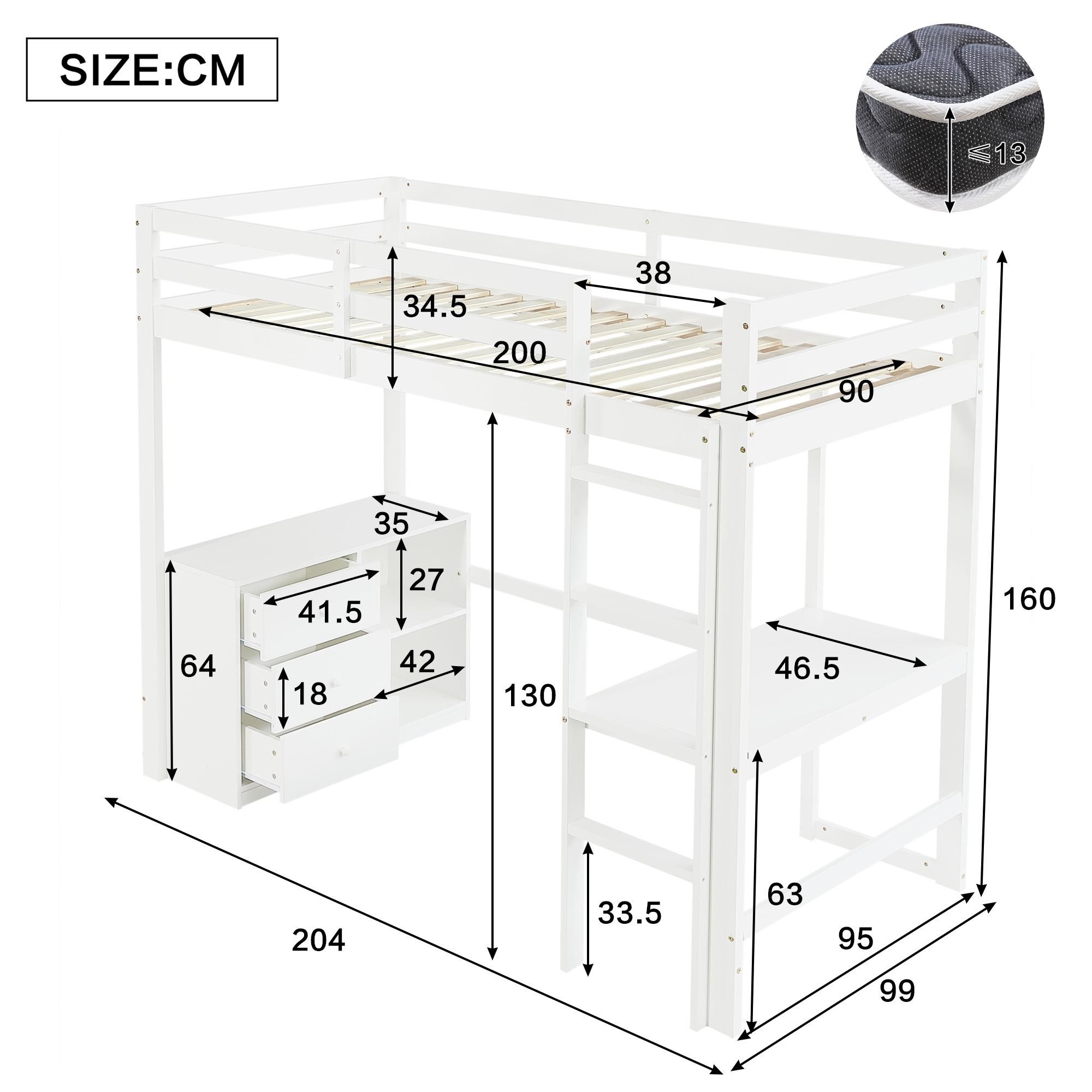 Flieks Etagenbett 90x200cm mit Schreibtisch, Hochbett mit Schrank und Schubladen, Kinderbett Einzelbett mit Leiter und Rausfallschutz, Weiß