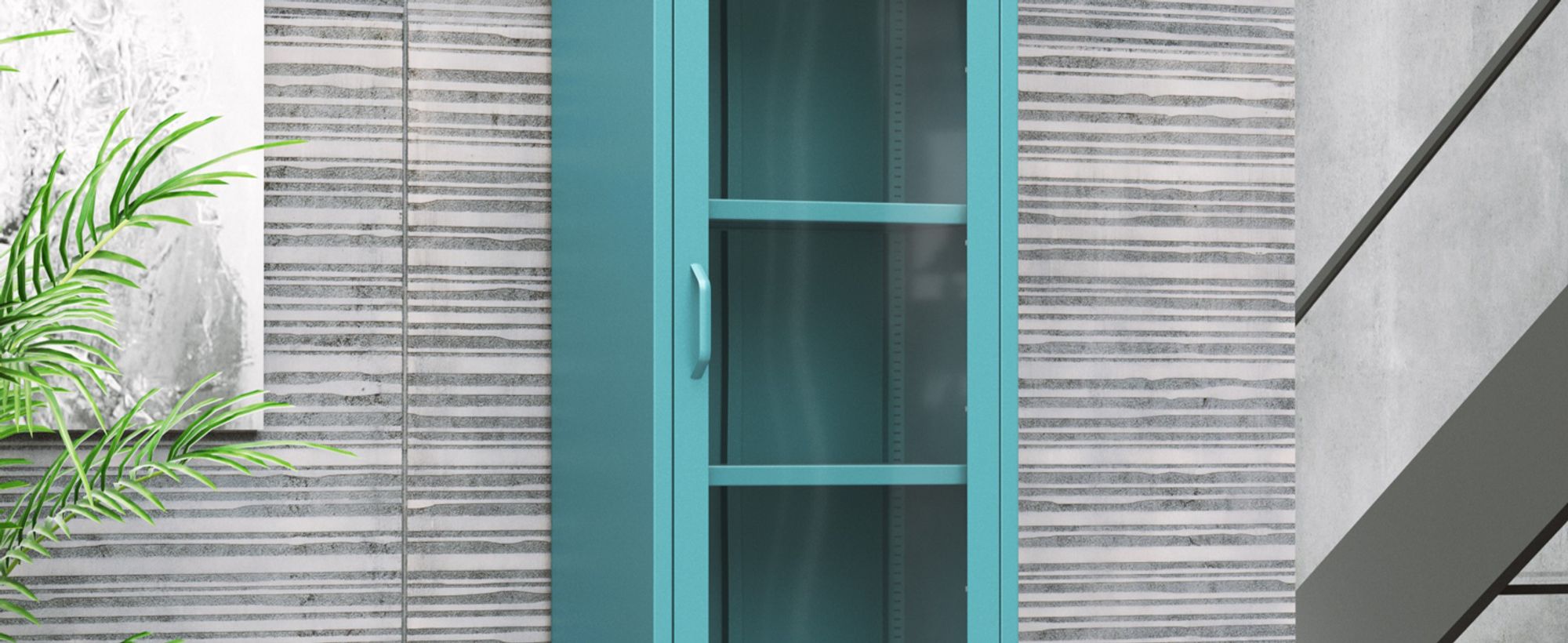 Vitrinenschrank Bücherschrank mit 4 Fachböden Vitrine Glitzernd Metall Meeresgrün