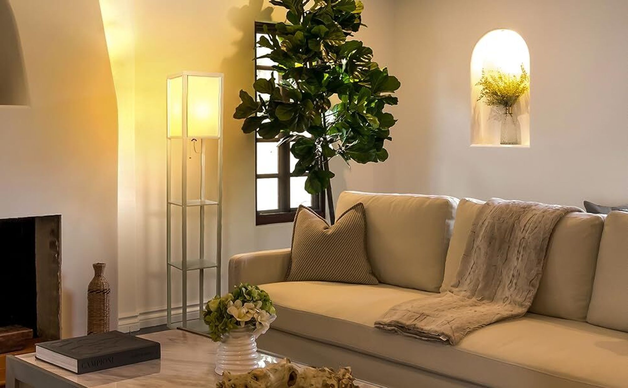 3 Ebene Stehlampe Stehleuchte Standleuchte standlampe Bodenlampe, E27 Innenbeleuchtung für Schlafzimmer Wohnzimmer Holz Regal Weiß 160cm