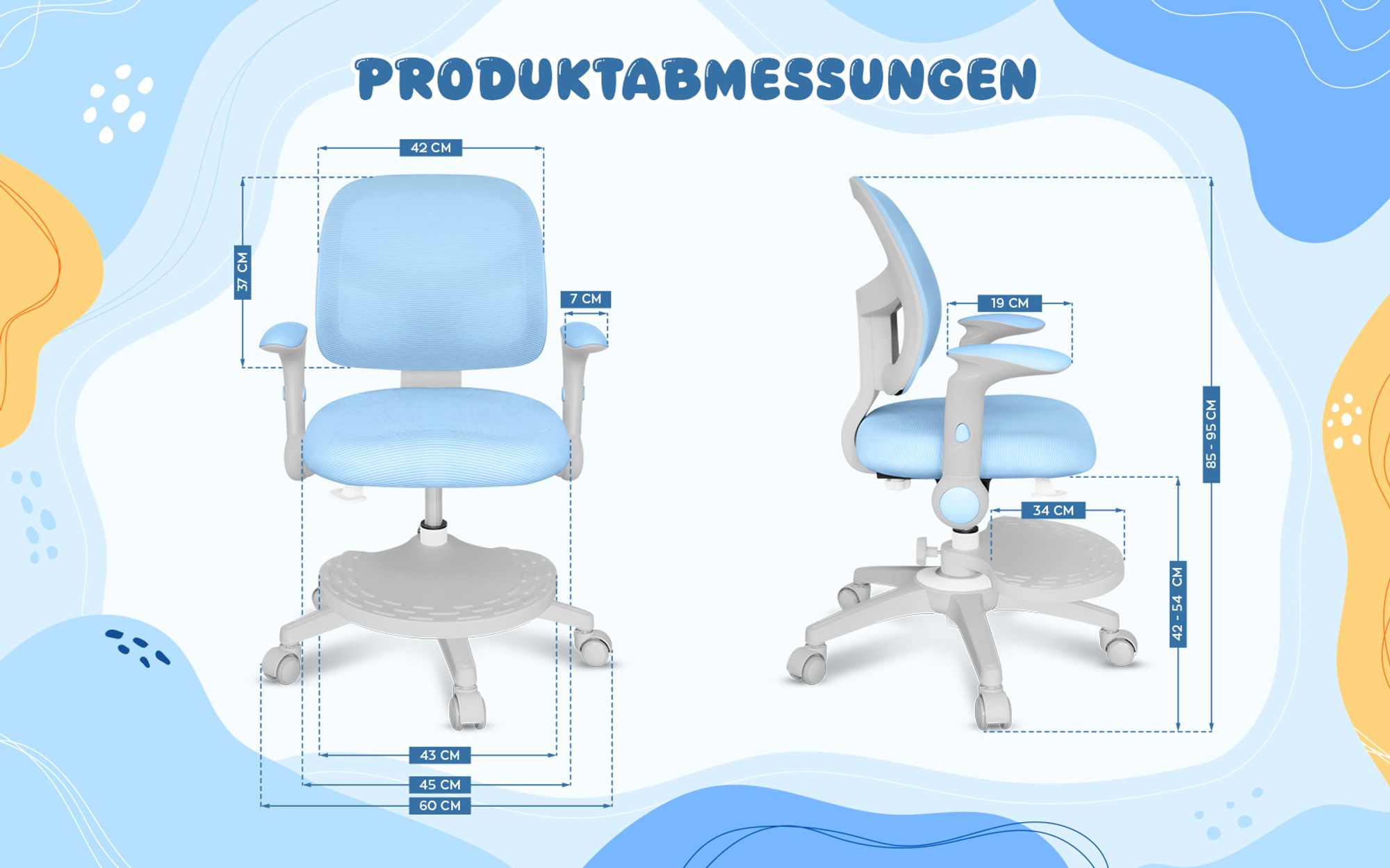 MARK ADLER Junior 5.0 | Kinder Schreibtischstuhl Ergonomischer Kinderdrehstuhl | Fußablage | Sitztiefe einstellen | Verstellbare Armlehnen | Blau