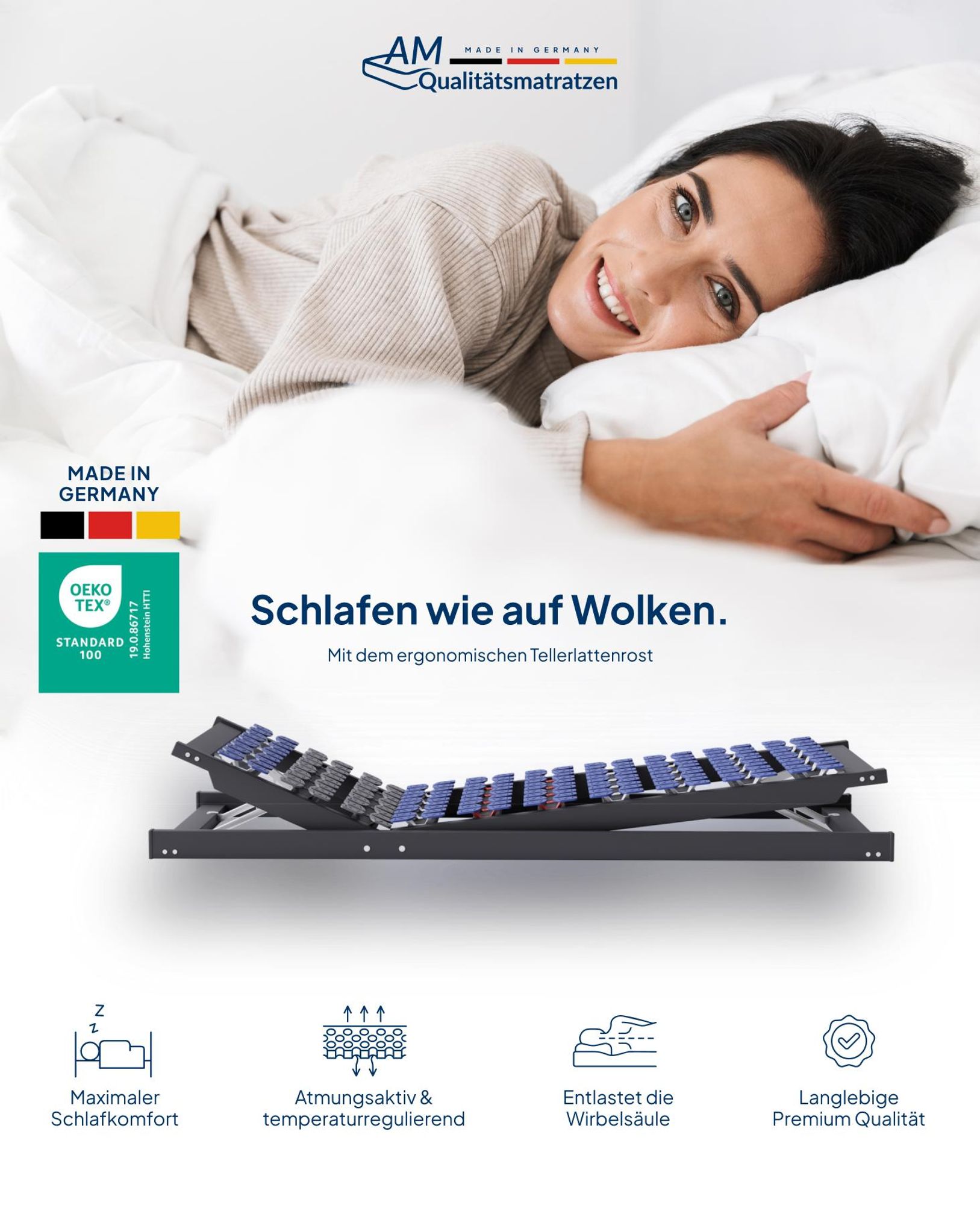 AM Qualitätsmatratzen | Premium 7 Zonen Tellerlattenrost | 90x200 cm | Germany | Kopf- und Fußteil verstellbar | Fertig montierter Lattenrost 90x200 cm
