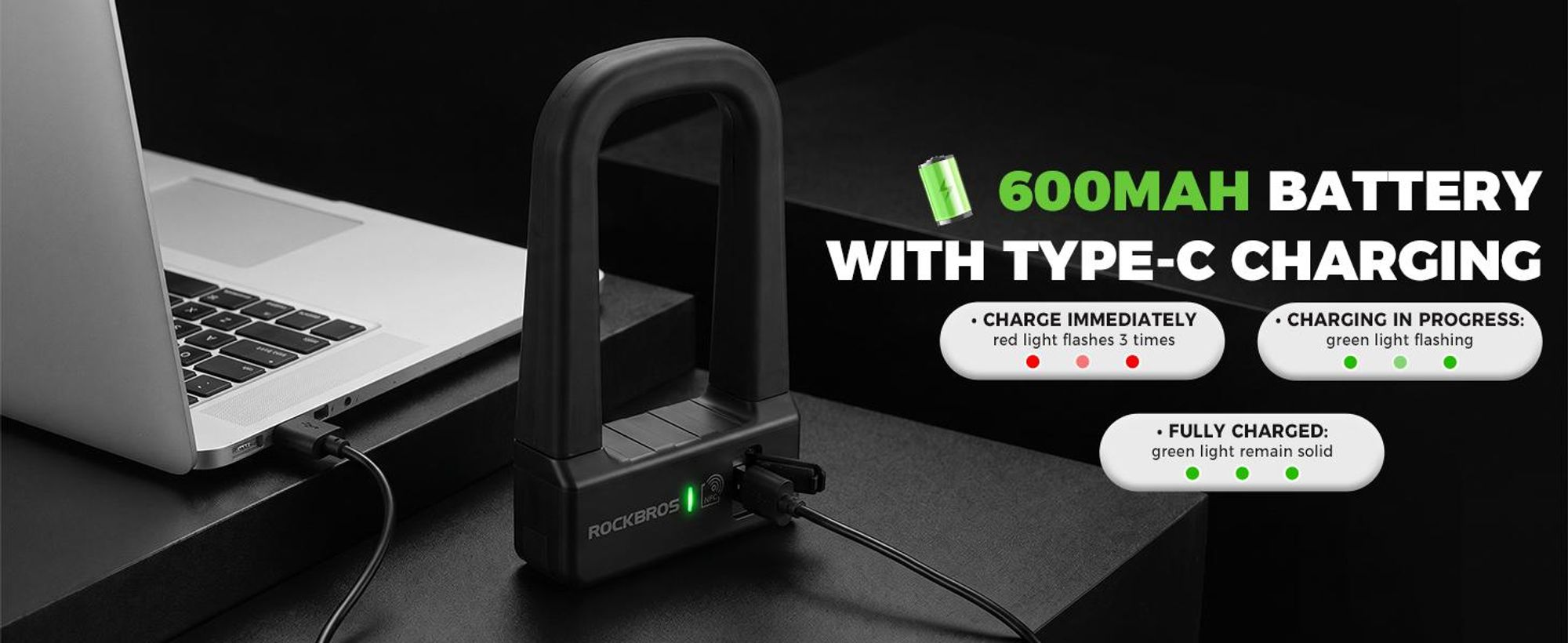 ROCKBROS Fahrradschloss Bügelschloss NFC U-Lock mit USB-C Motorradschloss Diebstahlschutz für E-Bike, Mountainbike, Rennrad