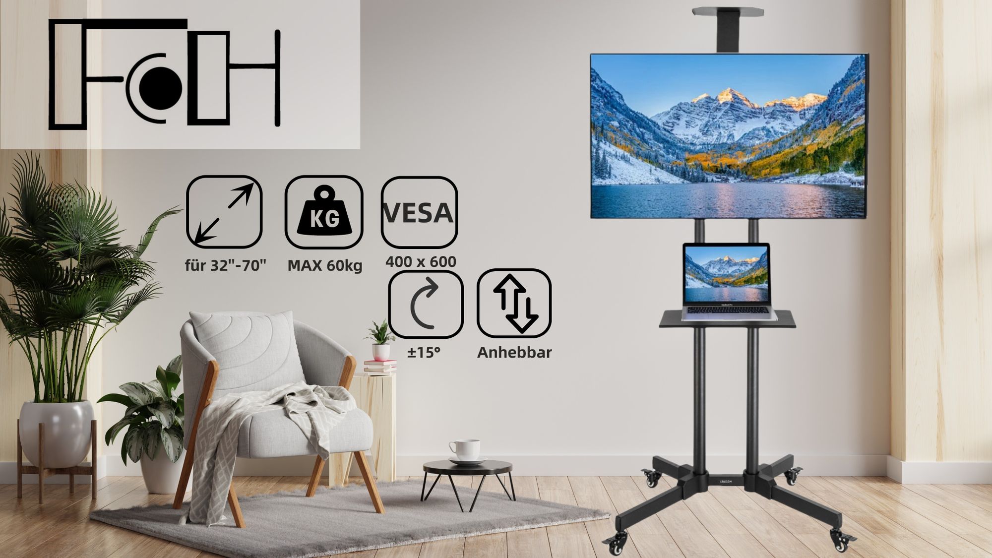 FCH TV Bodenständer TV Ständer mit Rollen für 32-70 Zoll TV Halterungen maximal 60 kg, VESA 400 x 600, um 15 ° nach oben und unten verstellbar