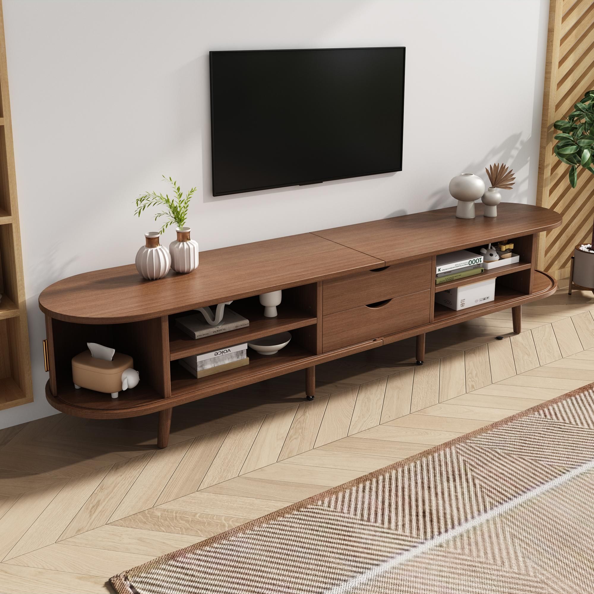 Tischplatte MDF Holzmaserung 2 Schubladen,Lowboardschrank mit Teleskoptüren