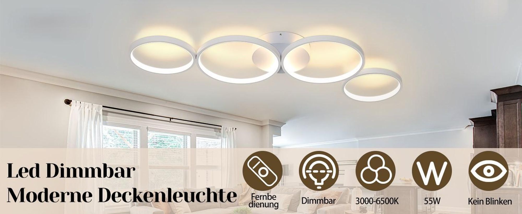 ZMH LED Deckenleuchte 55W Dimmbar mit Fernbedienung Modern 4 Flammig in Ringoptik Deckenlampe Rund Innen Metall für Wohnzimmer Schlafzimmer Weiß