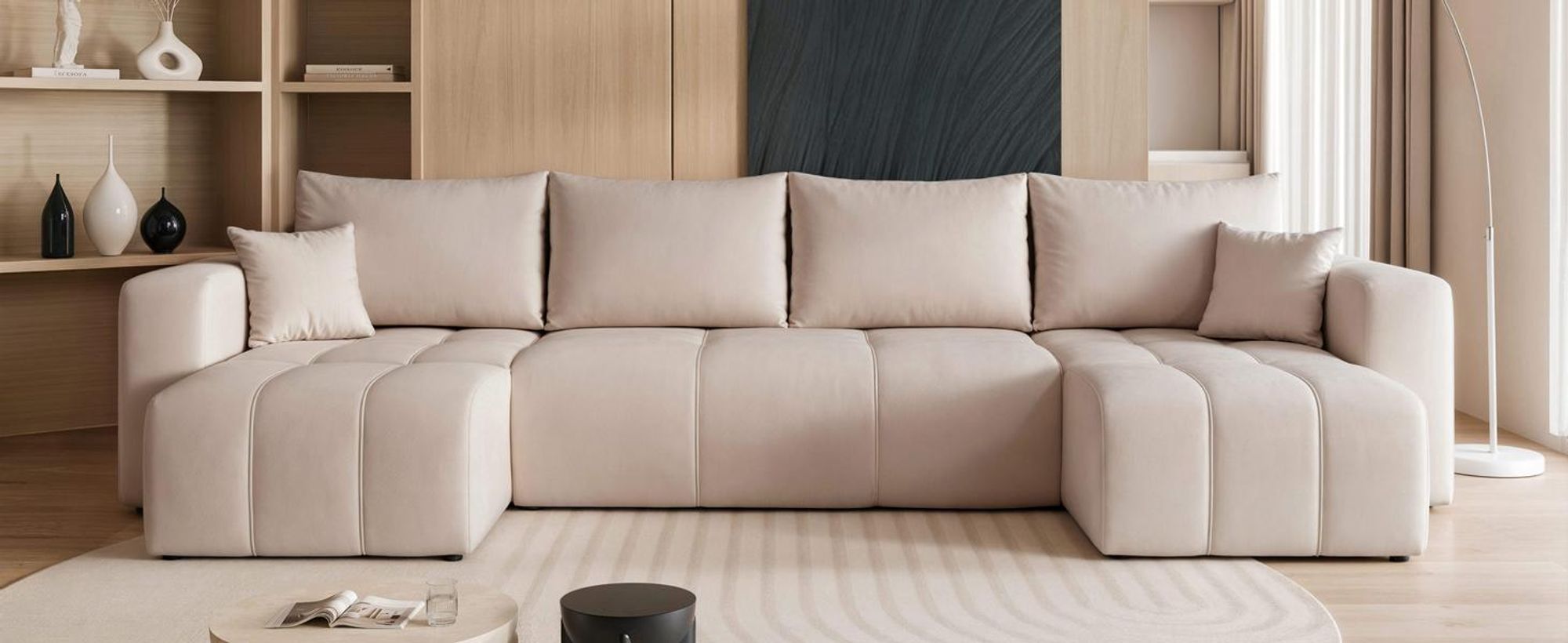 Idohome – modernes U-förmiges Ecksofa mit Schlaffunktion und Steppung, Couchgarnitur, Sofa, Bettcouch, PEDRO U - Farbe Beige Manila 02
