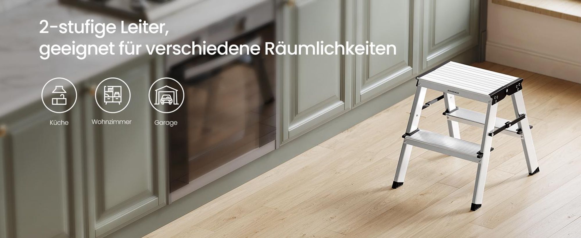SONGMICS Leiter, Trittleiter, Aluleiter mit 2 rutschfesten Stufen, klappbar, Stehleiter, Mehrzweckleiter, bis 150 kg belastbar,