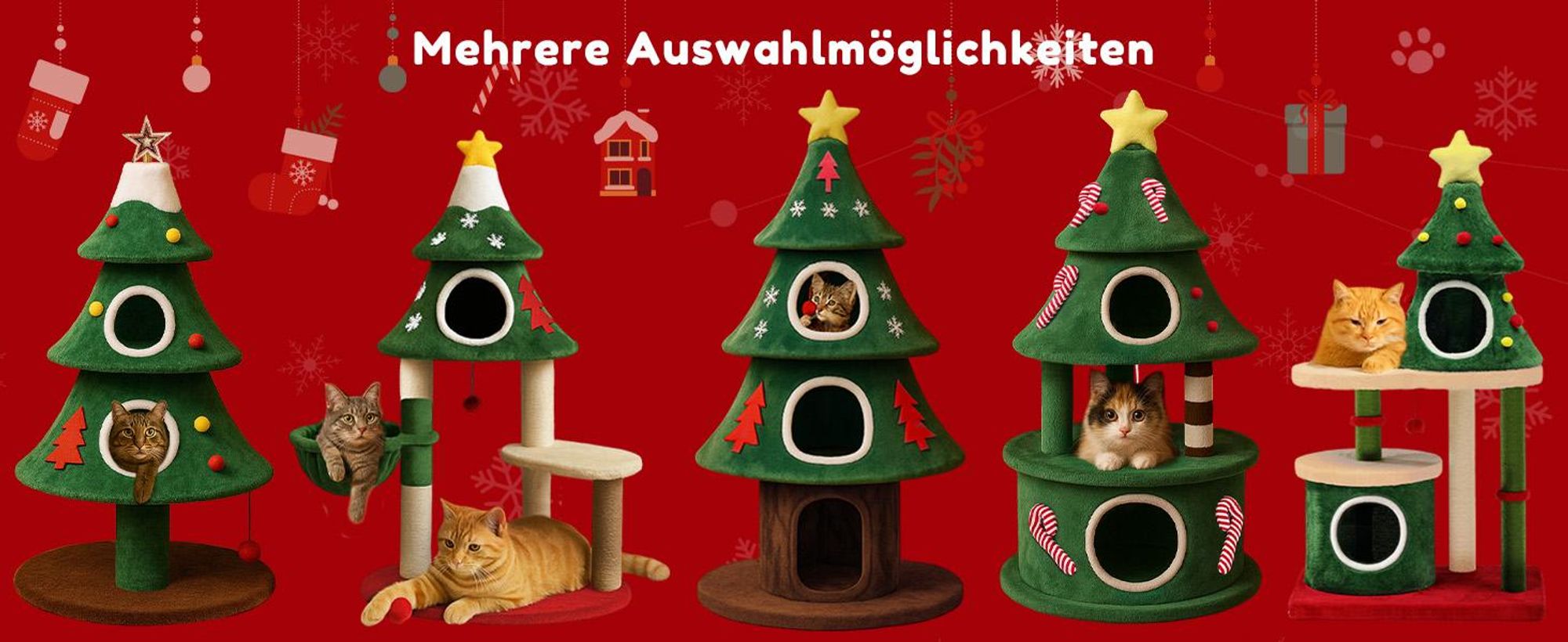 COMHOMA Kratzbaum im Weihnachtsbaum-Design 123cm, Stabiler Katzenbaum Katzenturm mit Kratzsäulen, mehrstöckiges Katzenhaus mit Plattformen & Spielball