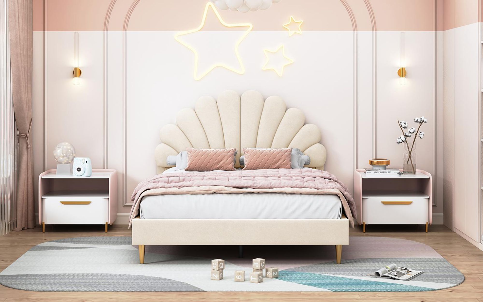 INONEFT Polsterbett Kinderbett 140x200 cm, Doppelbett für Mädchen, Jugendbett Bettgestell mit Blumenförmigem Kopfteil und Lattenrost, Samt Beige