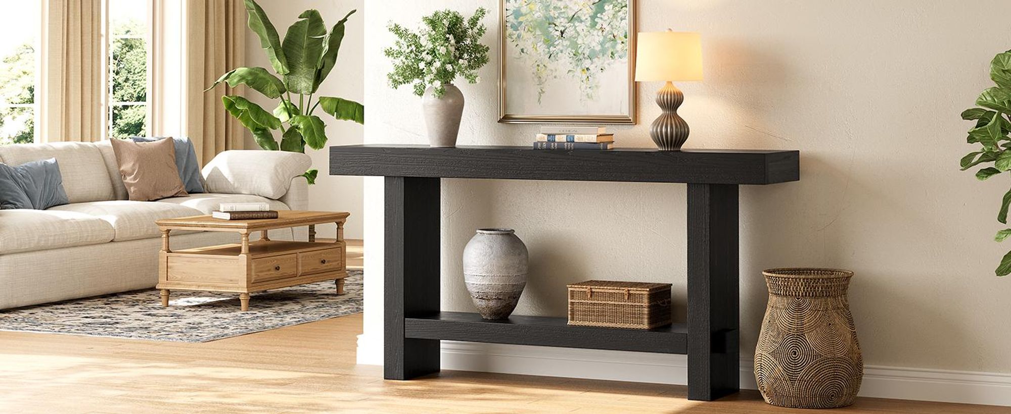 Konsolentisch aus Massivholz, 160 cm, 2-stöckig, schmaler Bauernhaus-Eingangstisch für Flur, Eingang, Wohnzimmer, hinter der Couch, Schwarz