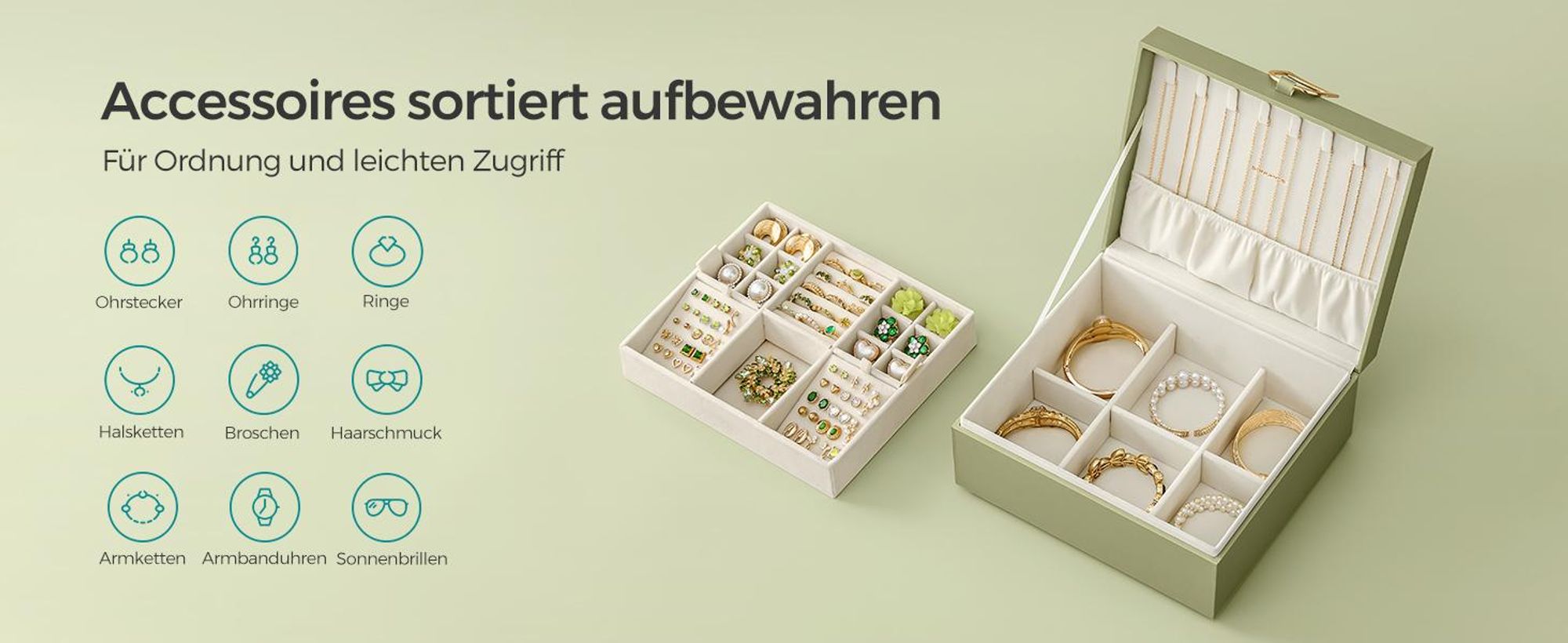 SONGMICS Schmuckkästchen 2 Ebenen, Schmuckkasten mit Griff, flexibles Schmucktablett, Schmuckbox, Schmuckaufbewahrung, schwebender Effekt