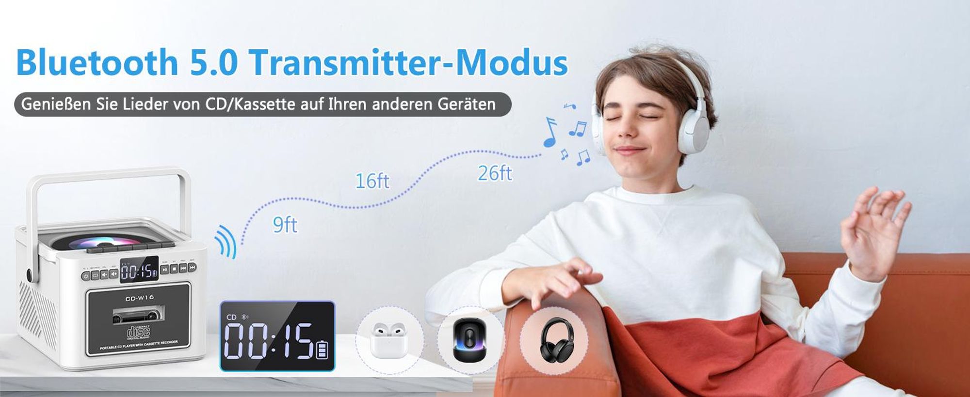 CD Player, Bluetooth Lautsprecher, Kassettenspieler mit UKW Radio, 5000mAh wiederaufladbare Akku, mit Fernbedienung, AUX/USB/SD Karte-In