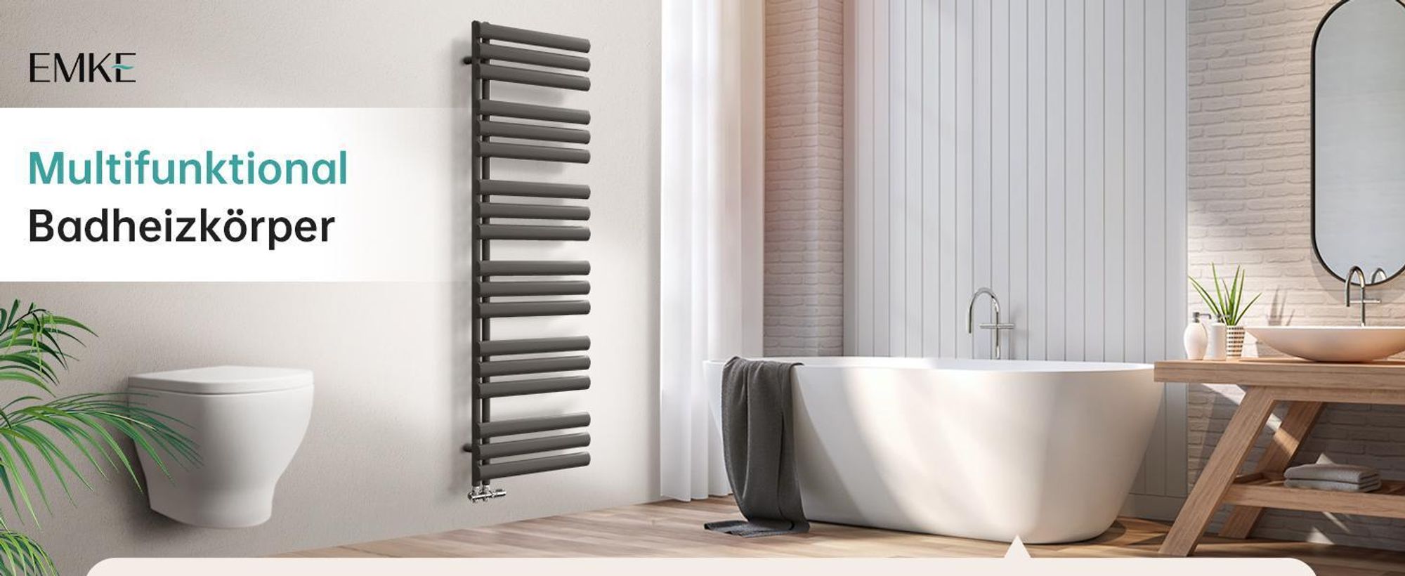 EMKE Badheizkörper Oval Röhren Badheizkörper Handtuchwärmer Rohrheizkörper Vertikal Seitenanschluss für Wasser Anthrazit 174×60cm ohne Heizstab