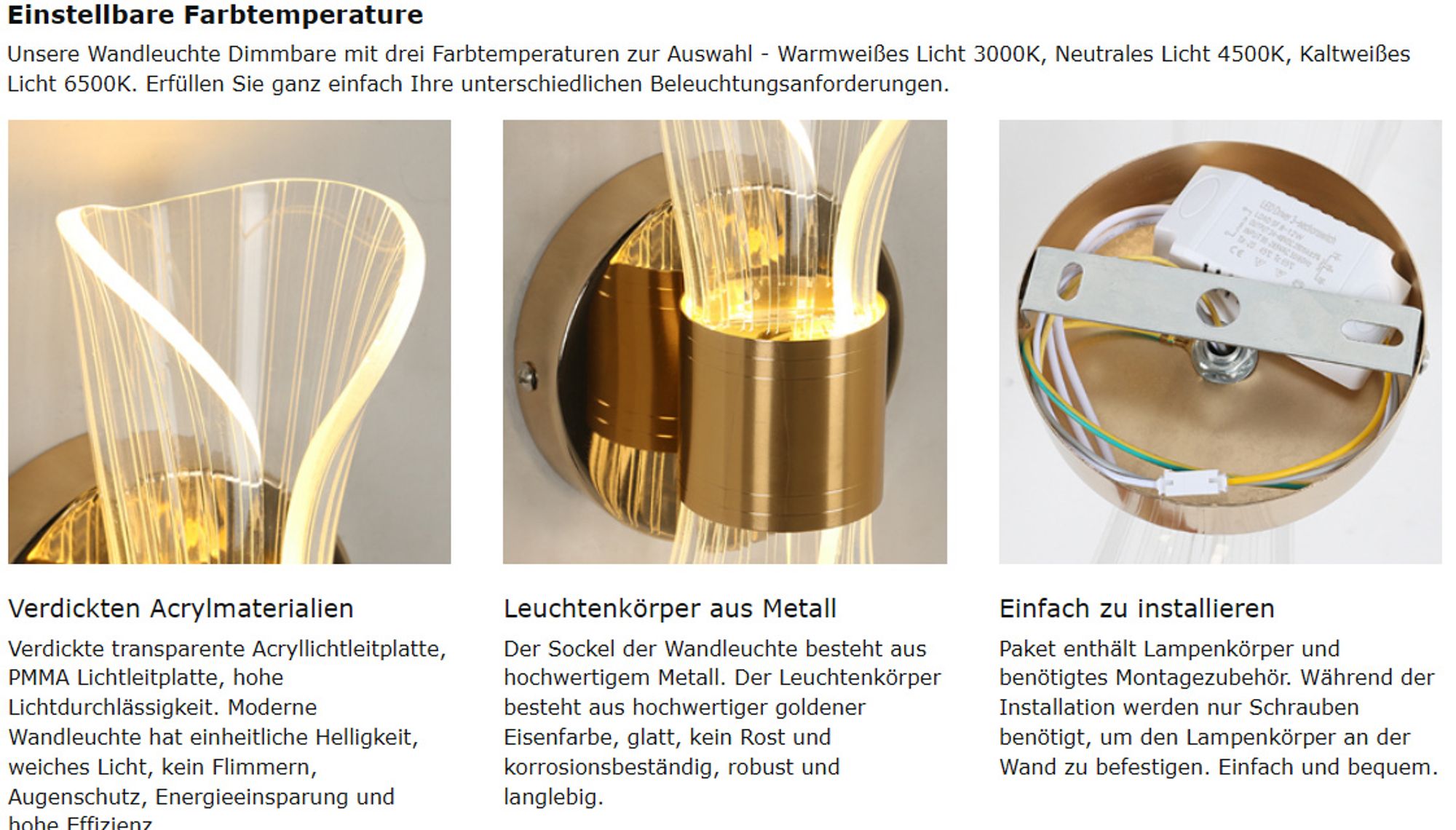 12W Wandlampe LED Modern, LED Wandleuchte Innen, 3 Farbtemperaturen 3000K/4500K/6500K, für Wohnzimmer Schlafzimmer Treppenhaus Flur