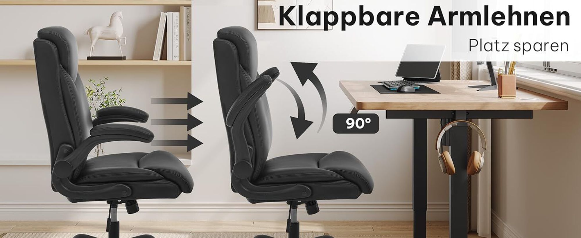 EUGAD Bürostuhl ergonomisch, Chefsessel 150 kg, Drehstuhl mit Rollen, hochklappbare Armlehnen, Sitzfläche aus PU, Schwarz