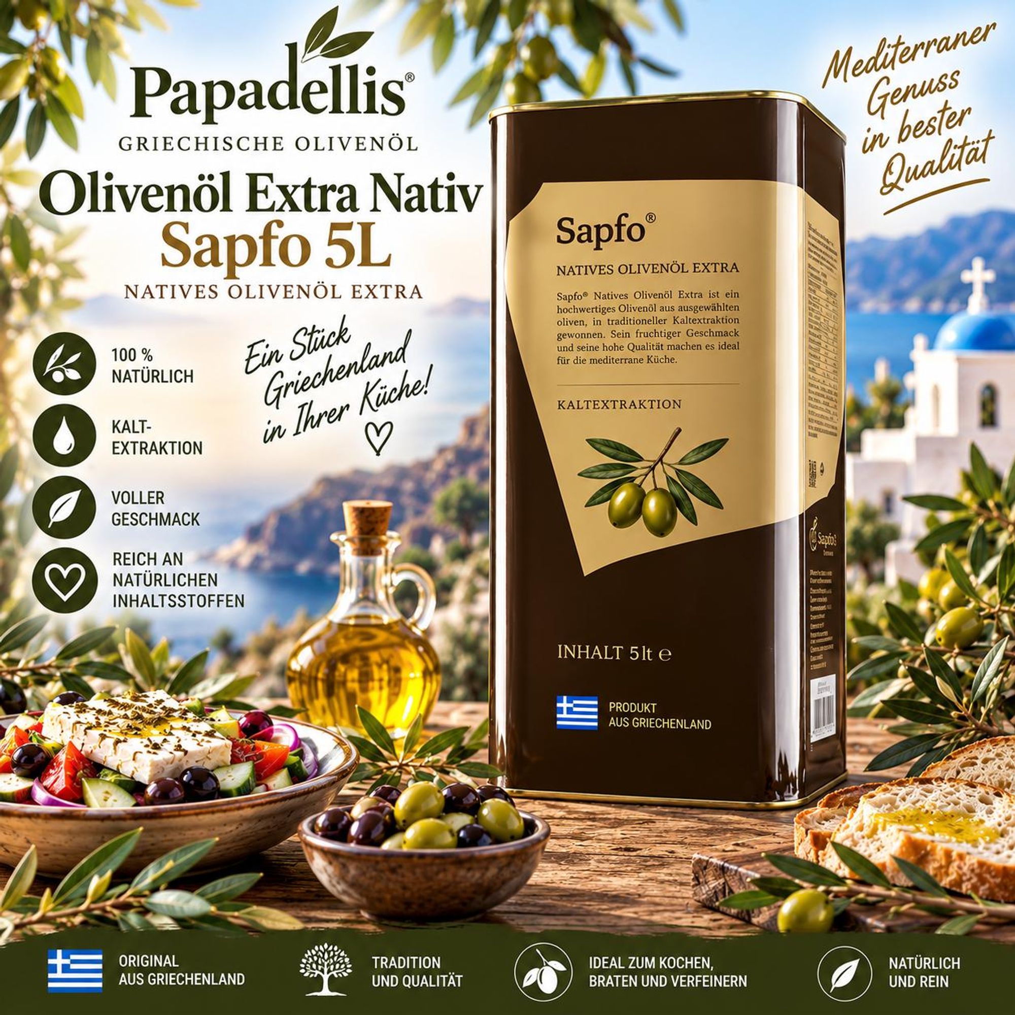 Sapfo Olivenöl Extra Nativ 5 L von Papadellis – griechisches Olivenöl aus Lesbos, Griechenland