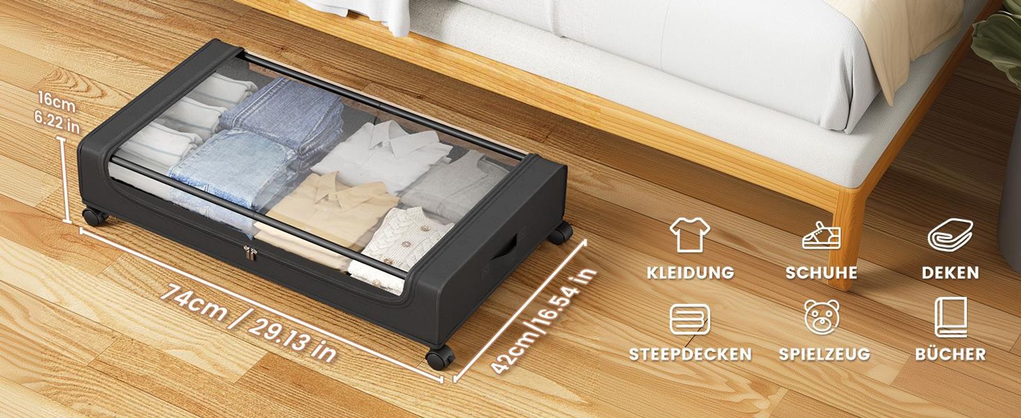 2 Stück Unterbett-Aufbewahrungsboxen mit Rollen, 50 L, 16 cm hoch, mit transparentem Deckel, Unterbettkommode für Kleidung, Bettwäsche und Schuhe