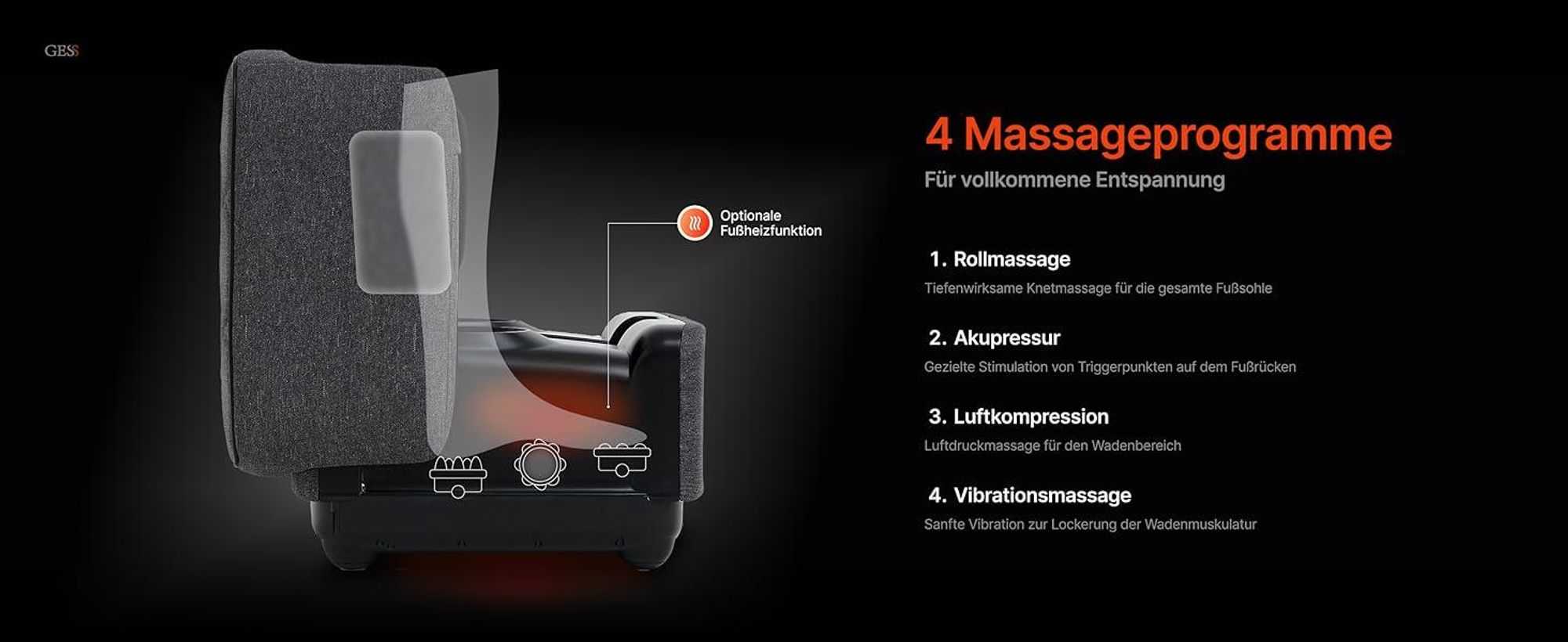 GESS PUF 3-in-1 Fuß- & Wadenmassagegerät mit Shiatsu, Wärmefunktion & Luftkompression