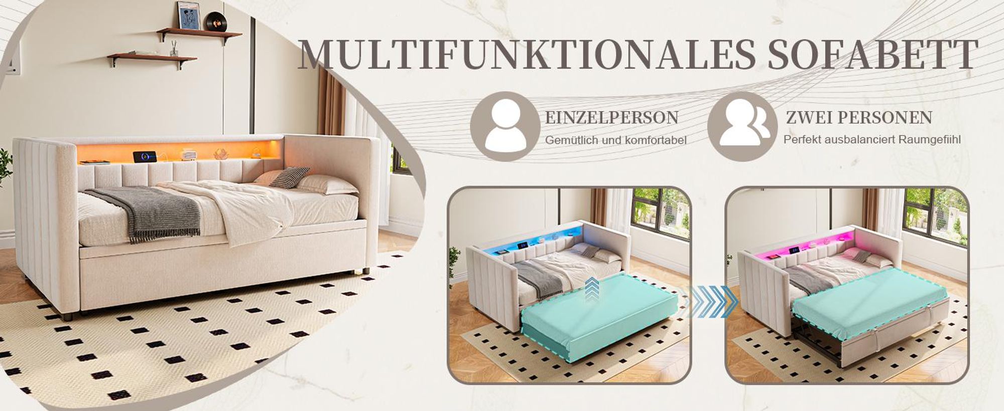 LVHOM Tagesbett ausziehbar 90/180x190cm mit Stauraum und LED, Schlafsofa mit Auziehbett, Samt Daybed mit USB und Lattenrost, Daybett, Beige