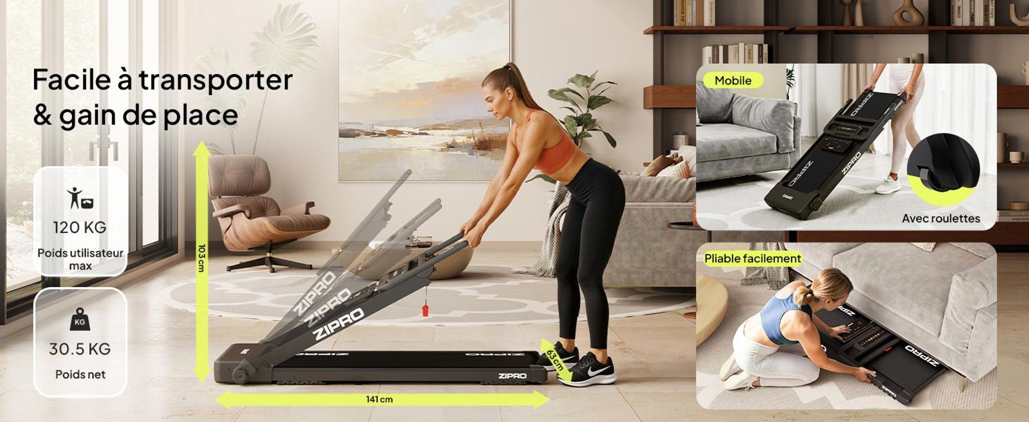 Tapis de course électrique ZIPRO Forma | Pliable sous le lit | 1-12 km/h | Bande 120x40 cm | Amortissement Reel Feel | Zwift Kinomap | jusqu'à 120 kg