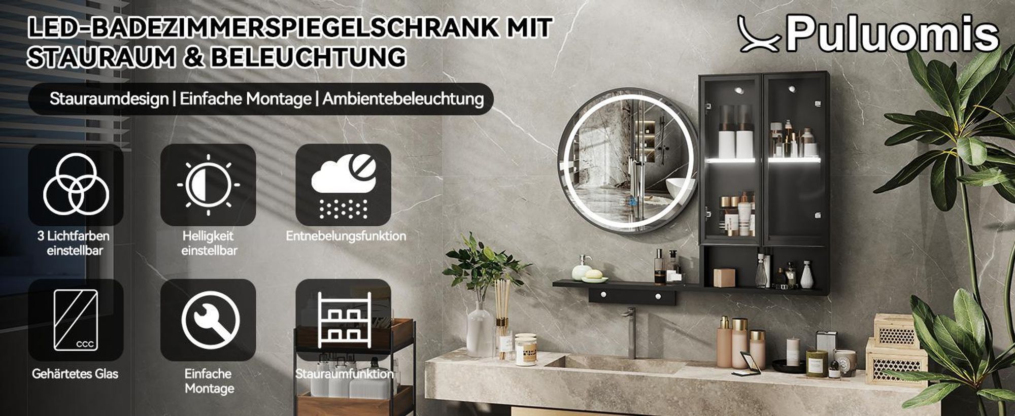 Puluomis Spiegelschrank LED Badspiegel mit Schrank und offenen Fächern, 3 Lichtfarben & dimmbar, Antibeschlag, Touch-Steuerung Wandschrank schwarz
