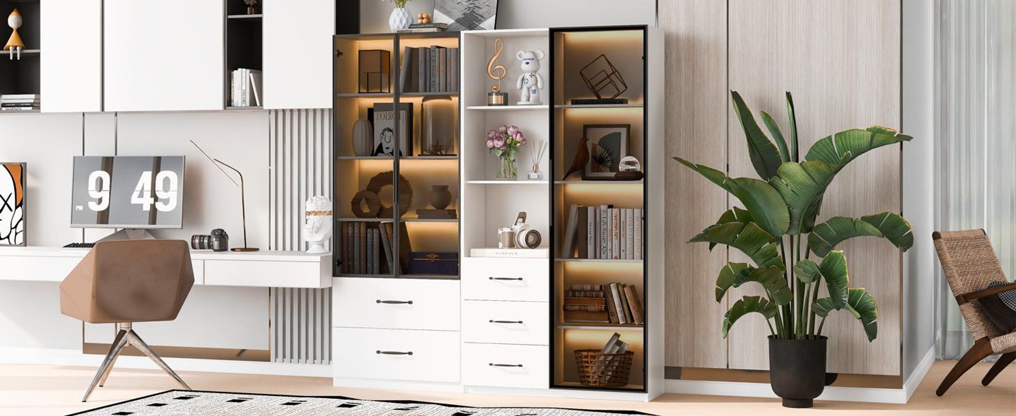 Flieks moderner Schrank mit LED, Vitrine 140x40x160 cm, Highboard Bücherschrank mit 3 Glastüren und Schubladen, weiß