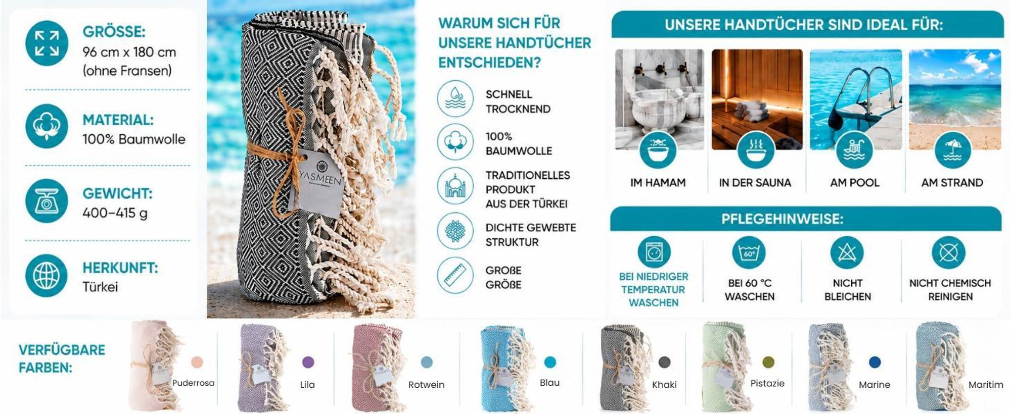 Strandtuch 96 x 180 cm – 100% Baumwolle – 415 g/m² – Saunatuch – Badetuch – Pestemal Hamamtuch - schnelltrocknend und leicht (Khaki, 96x180 cm)