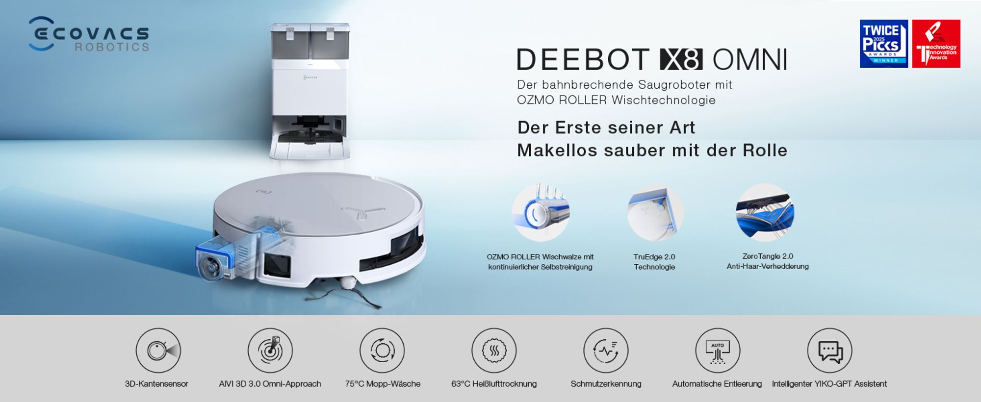 ECOVACS DEEBOT X8 OMNI Saugroboter Weiß Wischroboter Roboterstaubsauger 18.000 Pa Staubsauger Roboter