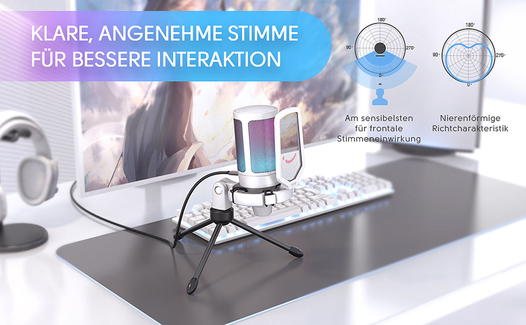 FIFINE Gaming Mikrofon PC USB Streaming Microphone mit Mikrofon Ständer, Weiß