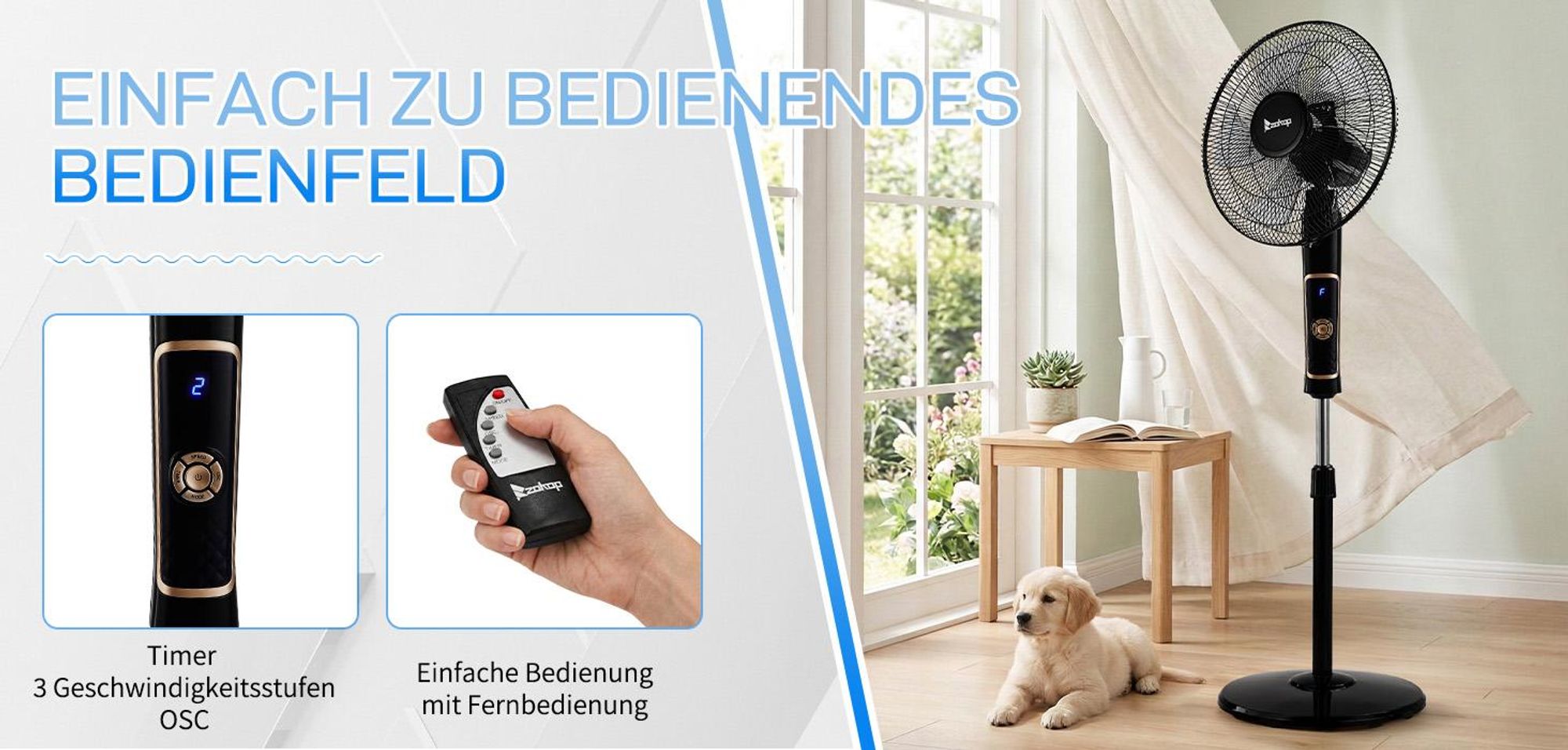 FCH Standventilator mit fünf Flügeln, Fernbedienung, 3 Windgeschwindigkeitsstufen und verstellbarer Höhe 65W