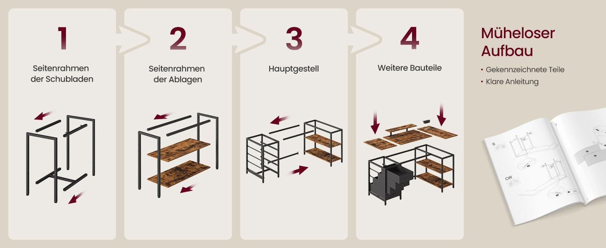 VASAGLE L-förmiger Eckschreibtisch mit USB-Anschlüssen, Computertisch, 2 Ablagen, 4 Schubladen, 140 x 80 cm, braun