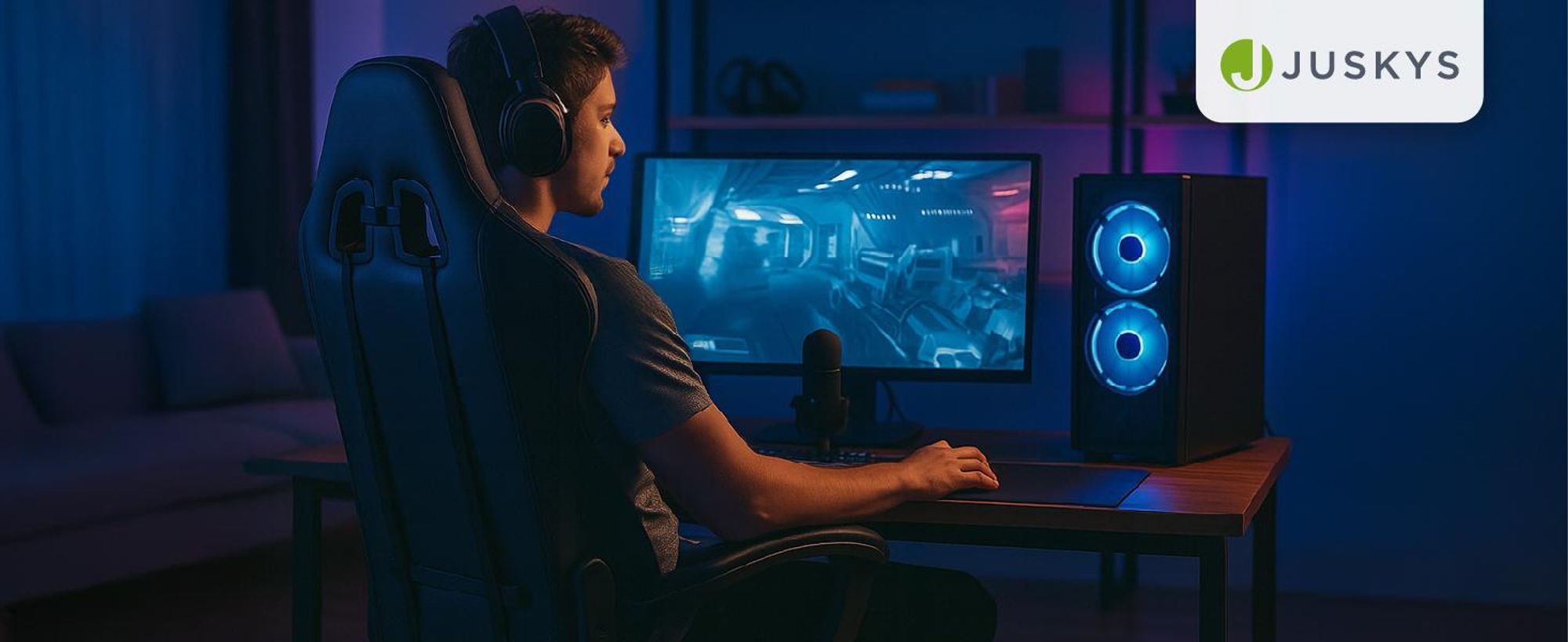 Juskys Gamingstuhl HyperSeat, ergonomisch, Kunstleder, höhenverstellbar – Schwarz/blau
