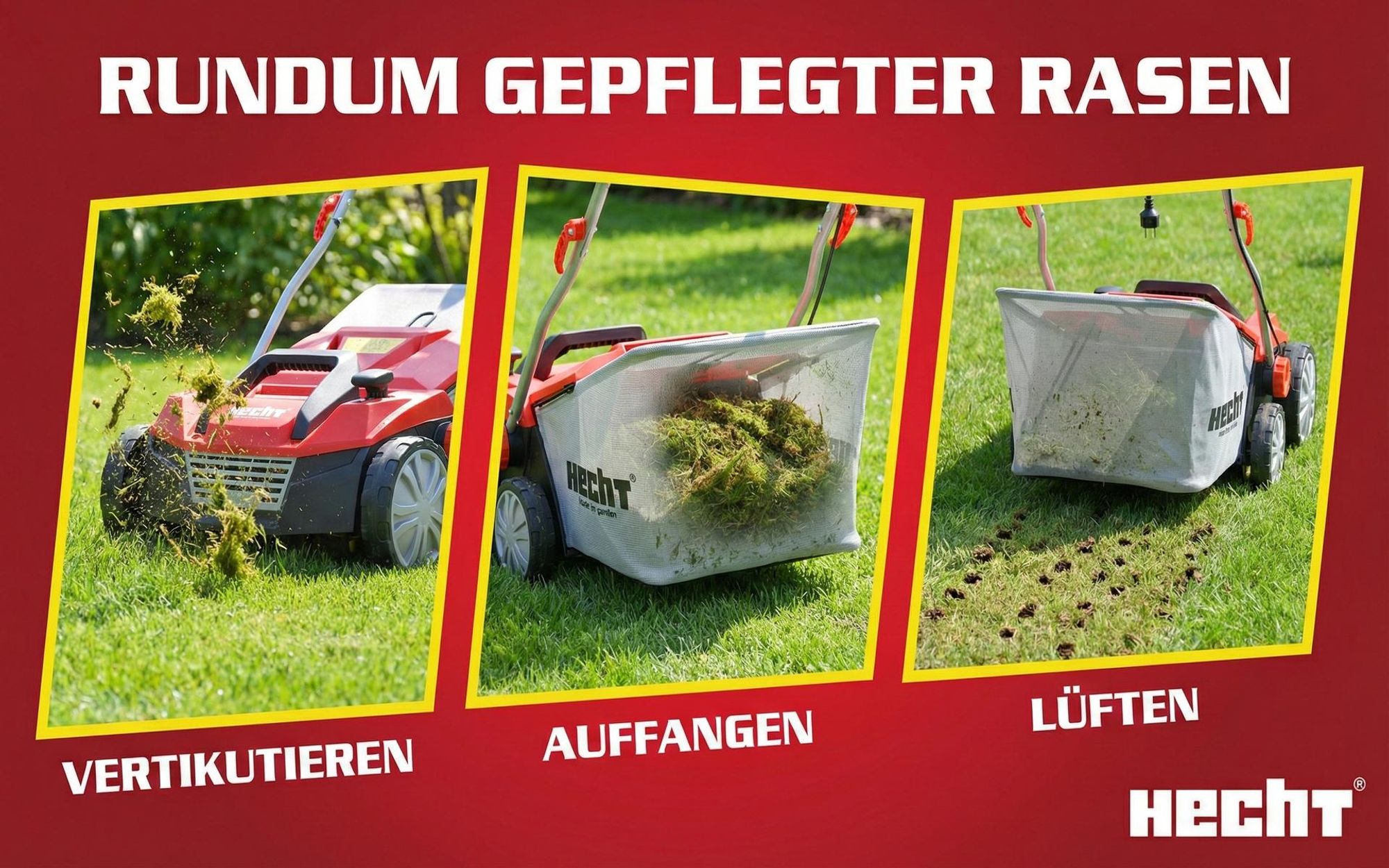 HECHT 1683 Vertikutierer Elektro | 2in1 Rasenlüfter | 36 cm Arbeitsbreite | 1600W | 48L Fangkorb | 3500 U/min | 16 Messer | 24 Krallen