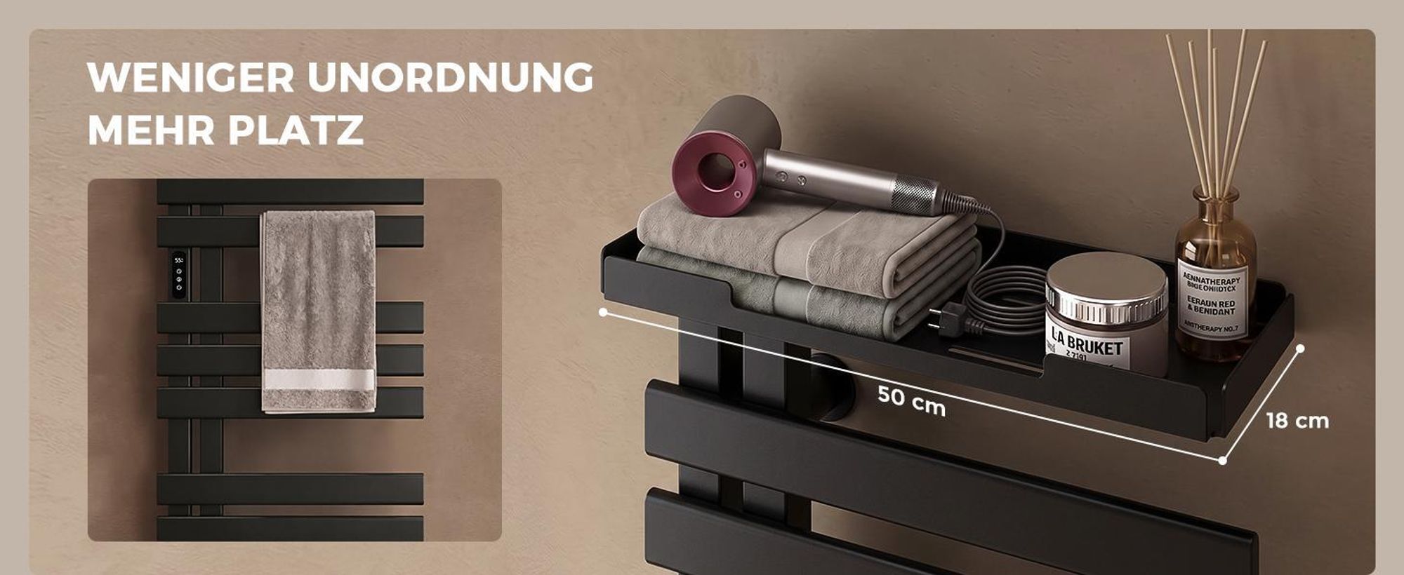 S'AFIELINA Handtuchheizkörper elektrisch mit Ablage 1050×500mm 335W Schwarz,Smart Handtuchwärmer mit WLAN-App, Carbonfaser-Heizung, 6 Heizmodi