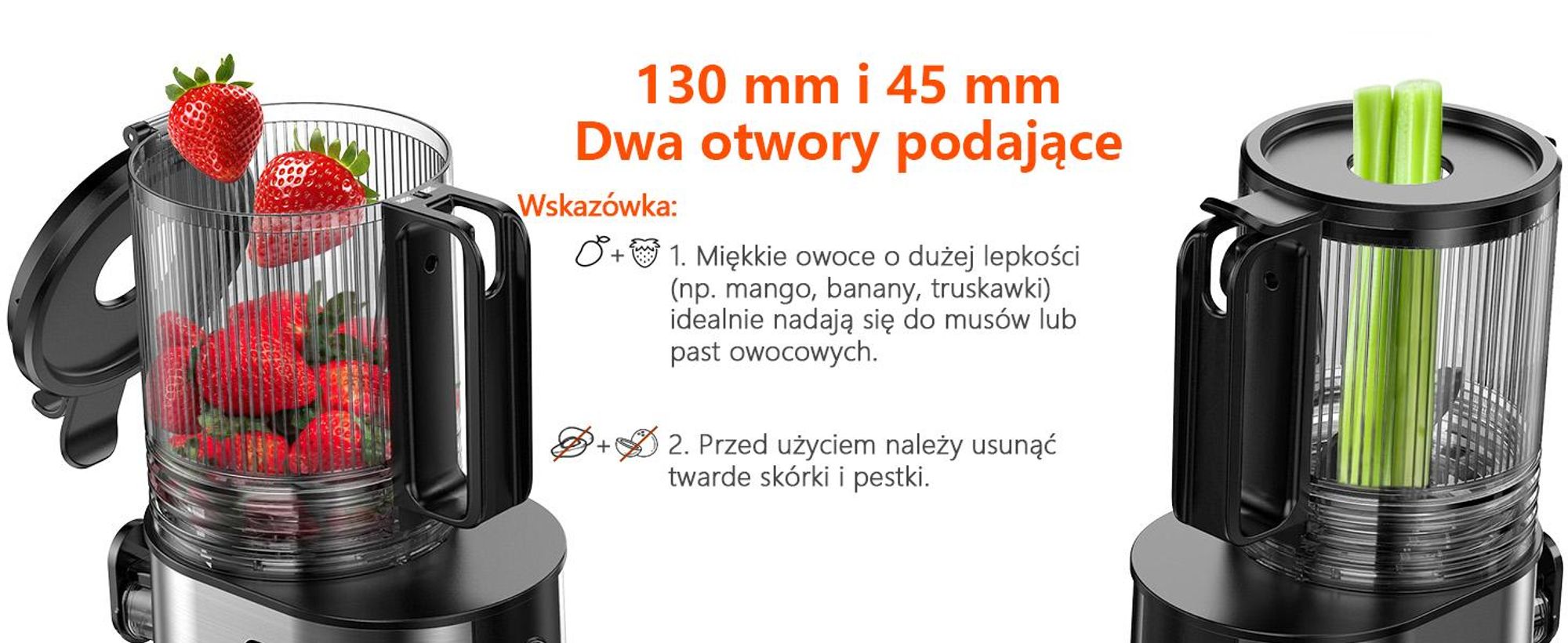 CelerySpec SJ-048-EU-SS Wolnoobrotowa Sokowirówka - 250W Potencia 1.8L Duża pojemność Dwa otwory do podawania soku 130 mm i 45 mm - Argento