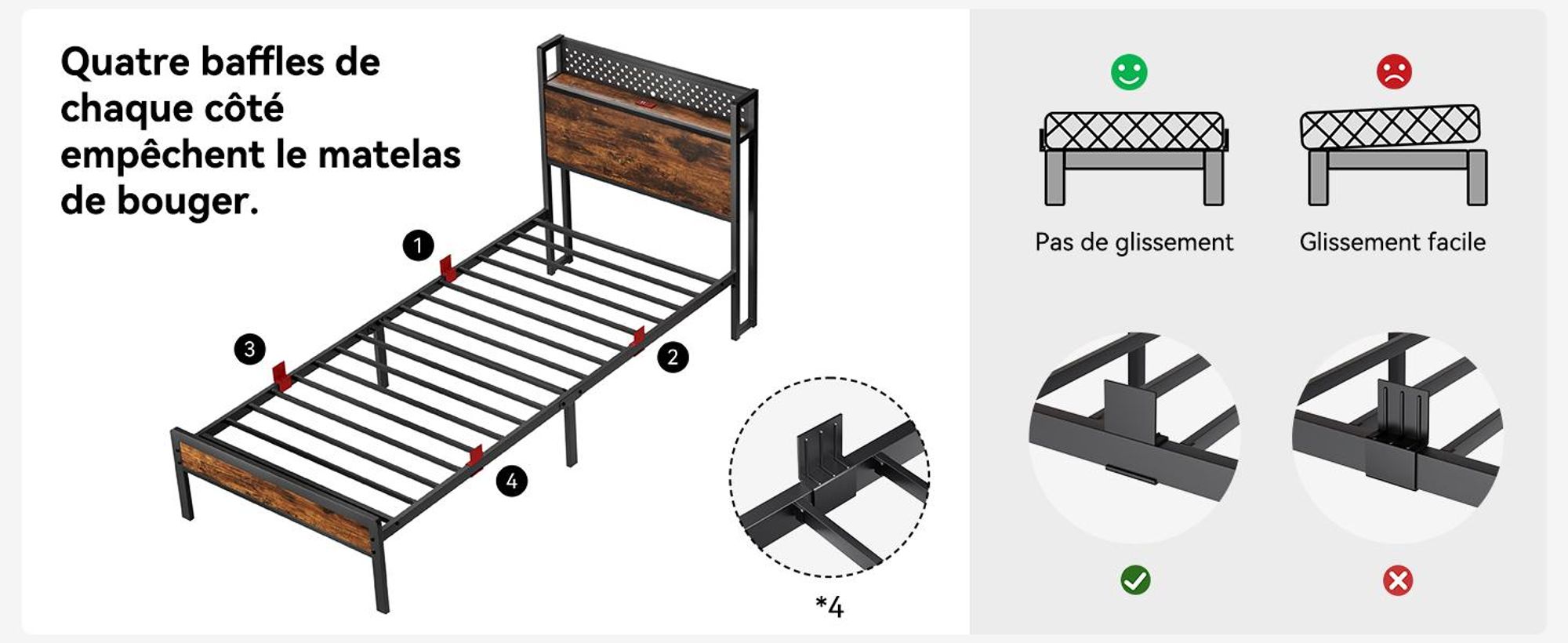Lit 90 x 200 cm, sommier avec tête de lit à rangement et éclairage LED, 3 ports USB et 1 port Type-C, 14 rangées de lattes métalliques, espace de rangement sous le lit, marron