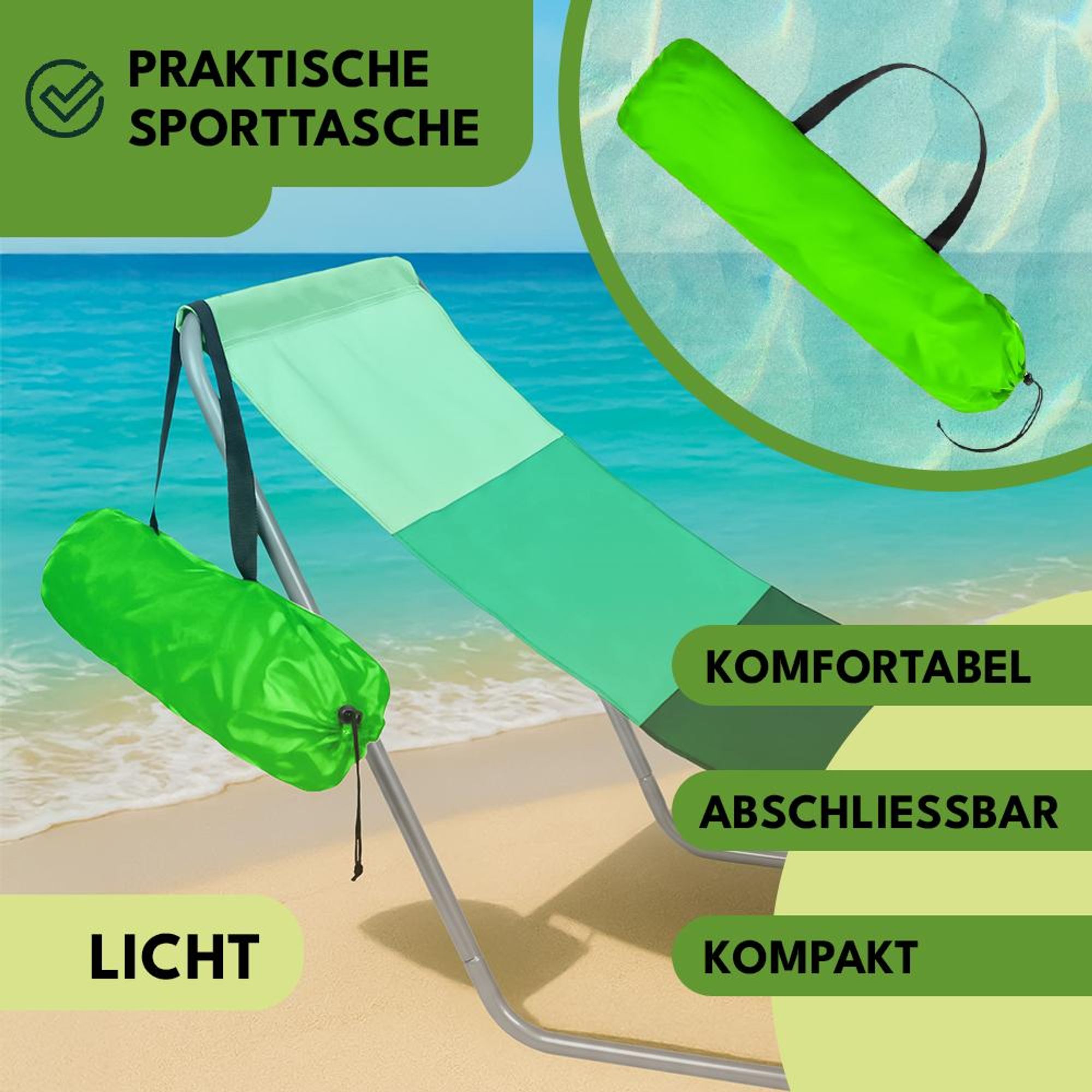 KRUMAD Strandliege klappbar mit Tragetasche – Sonnenliege faltbar aus schnelltrocknendem Stoff, leicht & tragbar – für Garten, Strand & Camping – Grün