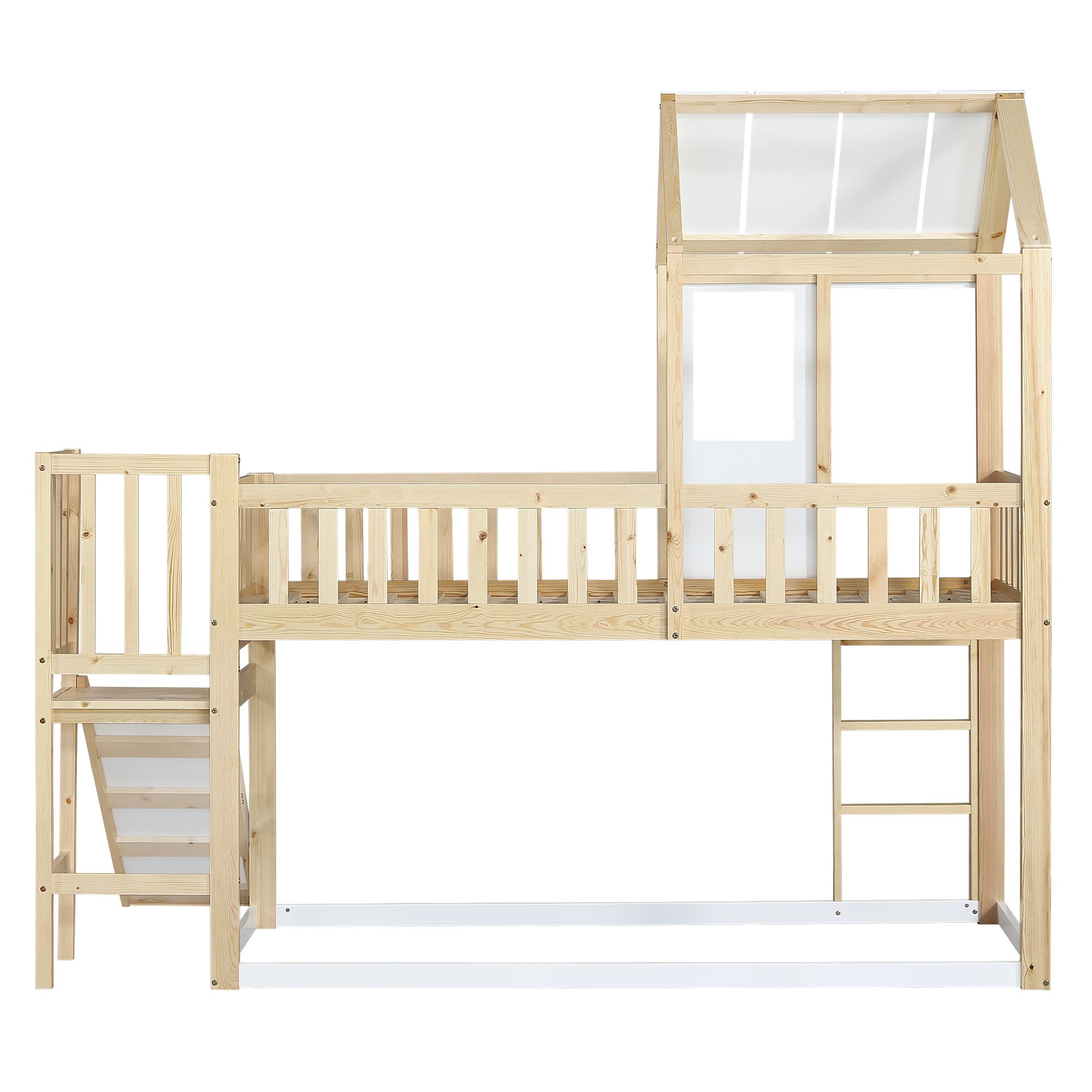 Flieks Etagenbett 90x200cm mit Lattenrost, Kinderbett mit Rutsche und Leiter, Hausbett mit Rausfallschutz, Einzelbett Massivholzbett