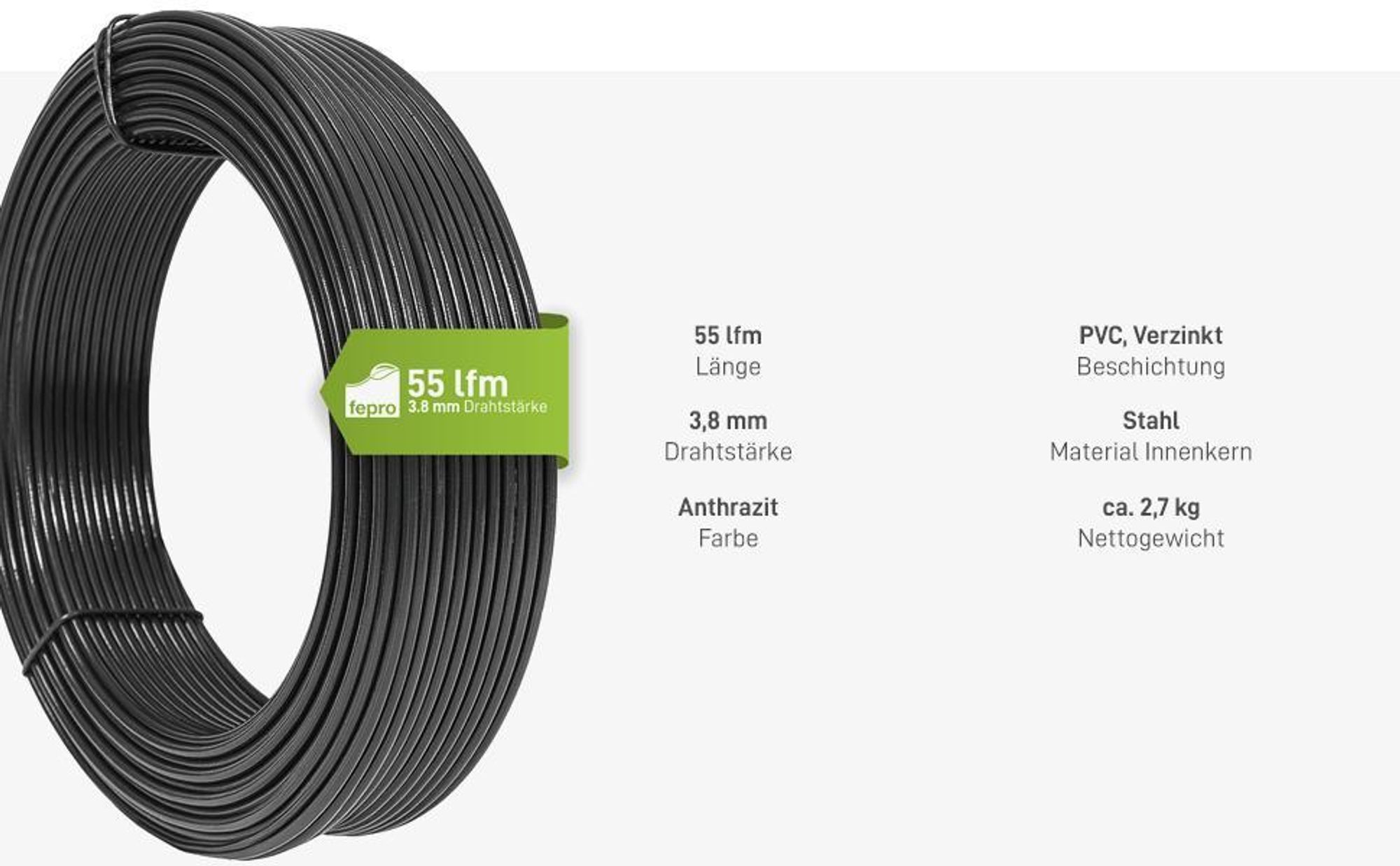 Fepro® Spanndraht 3,8 mm x 55 m, anthrazit, verzinkt und kunststoffbeschichtet - witterungsbeständig, ideal für Maschendraht, Wildzaun, Garten oder basteln