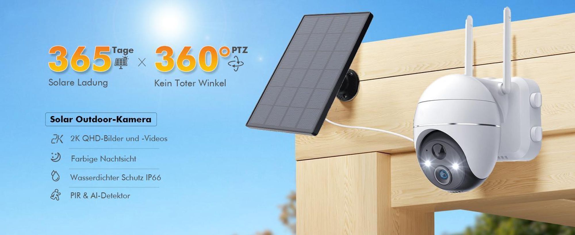 Die uberwachungskamera solar wlan können ihren kopf um 355° horizontal und 120° vertikal drehen.