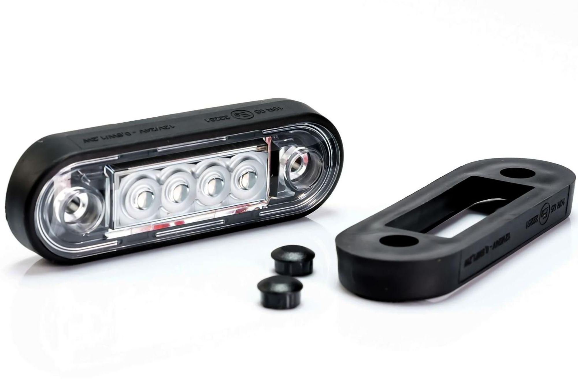 LED-Markierungsleuchte 12-36V, gelb, 0,15 m Kabelbaum, mit einer flachen und runden schwarzen Gummischeibe für die Fahrzeugverrohrung.