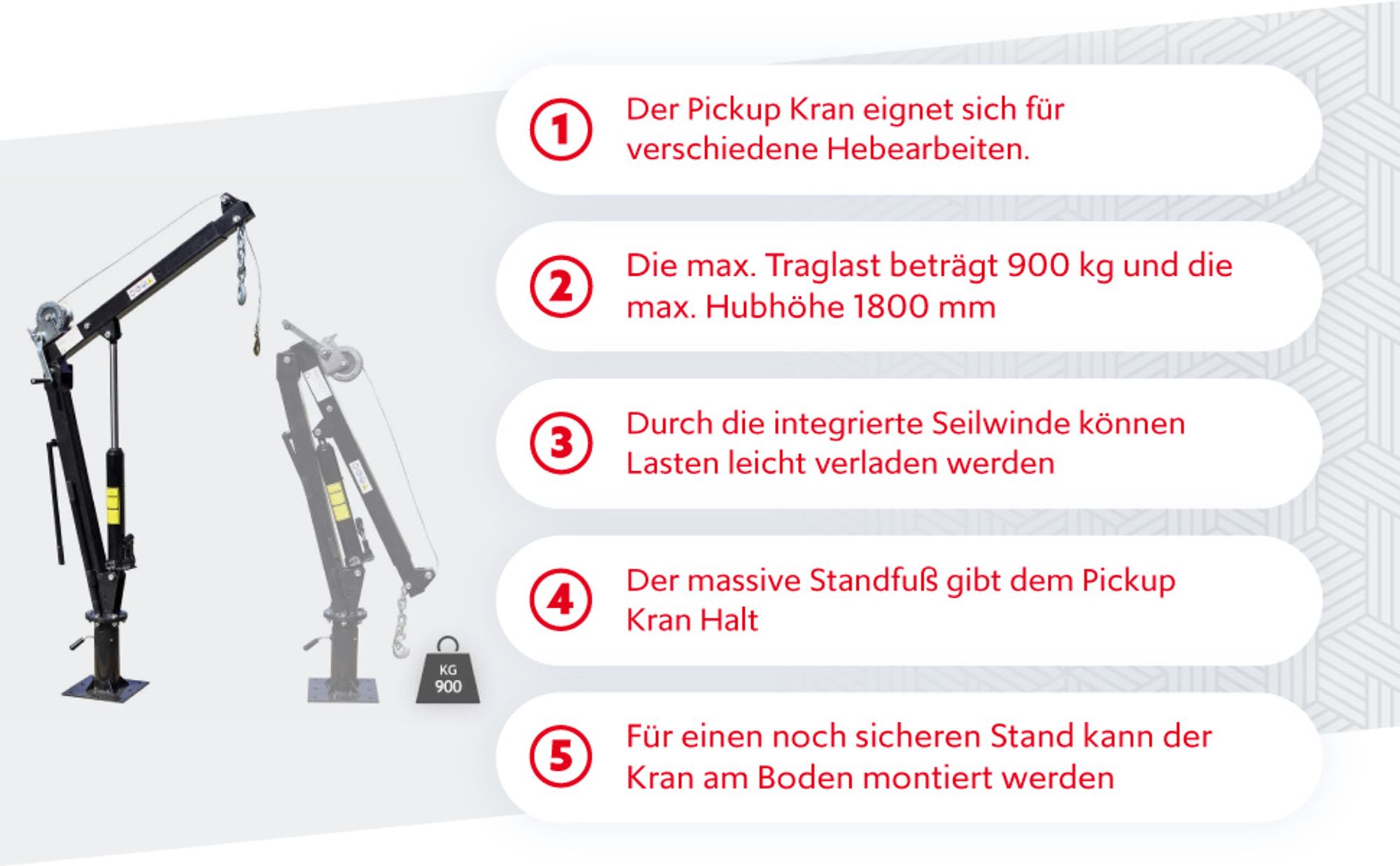 Wiltec Pickup Kran Ladekran 1800 mm Höhe, 900 kg Traglast und 360° Drehkranz, Seilwinde, massiver Standfuß zur Bodenmontage, Werkstattkran