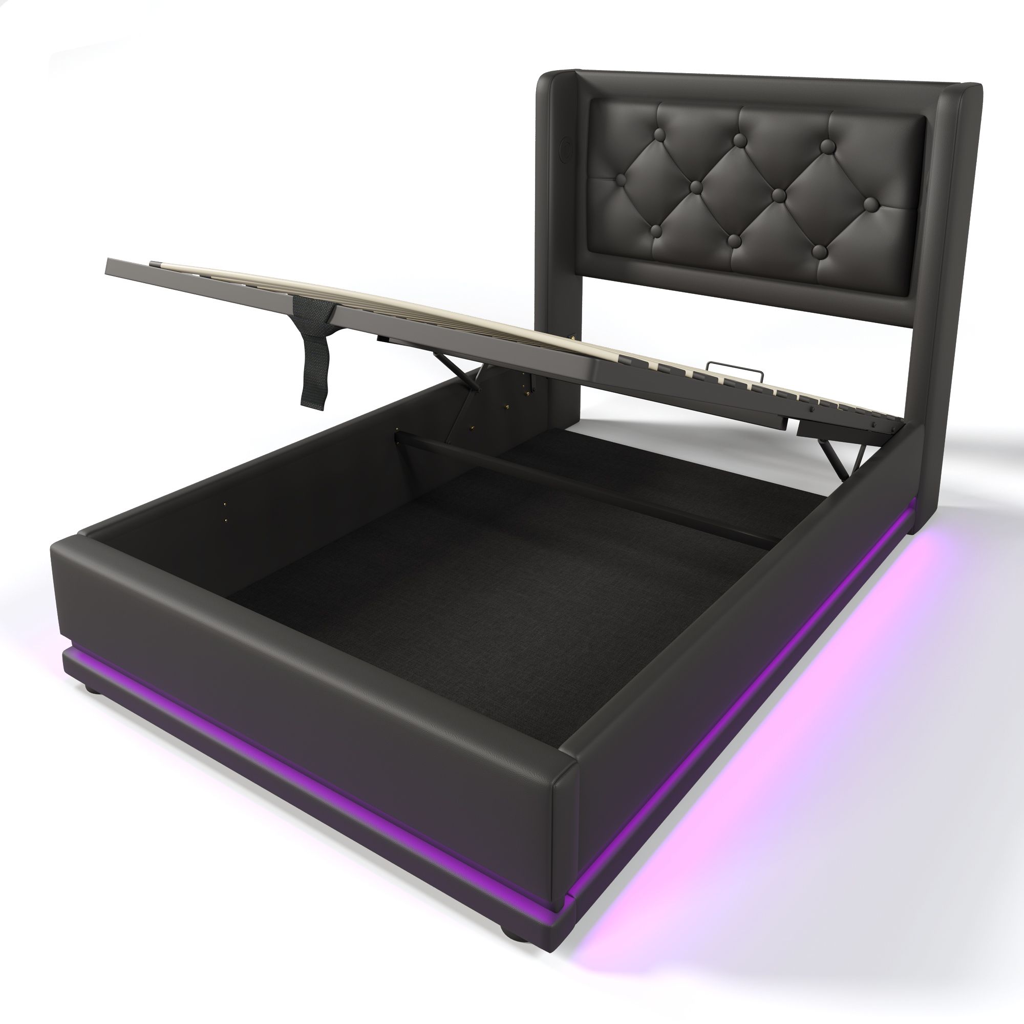 Flieks Polsterbett 90x200cm mit USB & Typ-C, Einzelbett Jugendbett mit LED, Hydraulisches Stauraumbett Boxspringbett mit Lattenrost, PU, Schwarz