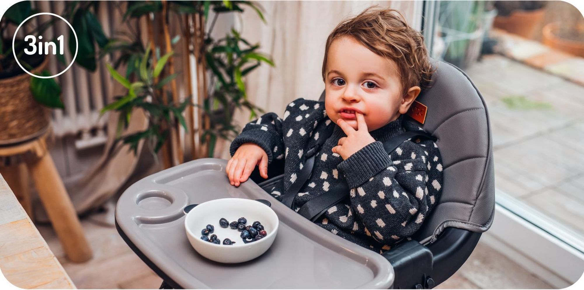 MoMi REKI – Evolutiver Baby Hochstuhl mit 2 Sitzpositionen & spülmaschinenfester Tablett, 6–36 Monate, bis 20 kg – Grau