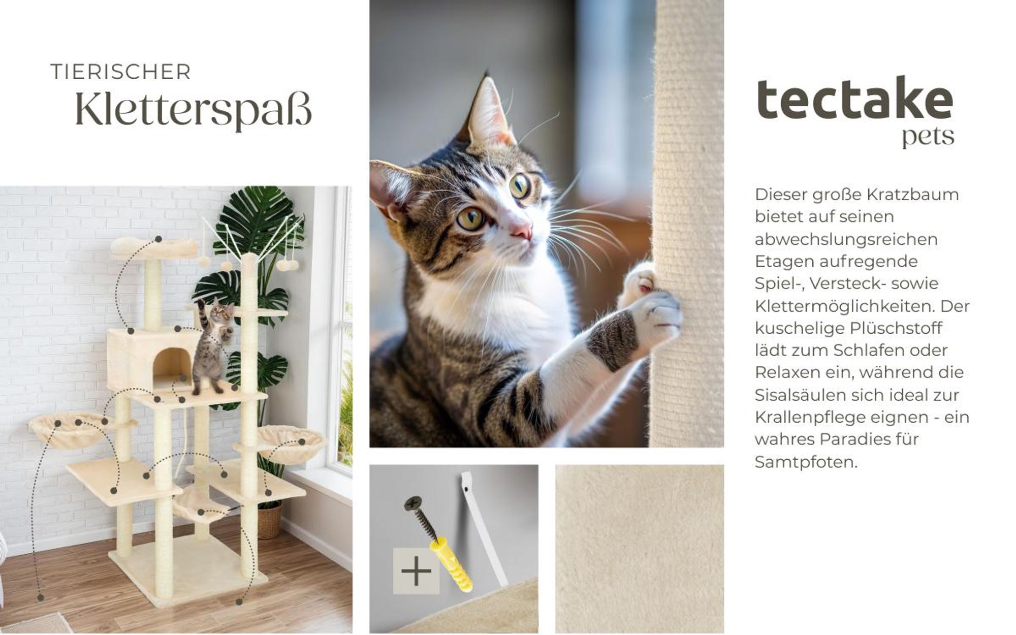 tectake® Kratzbaum Lilou 165 cm inklusive 4 Spielbällen, Kordel und Kippschutz