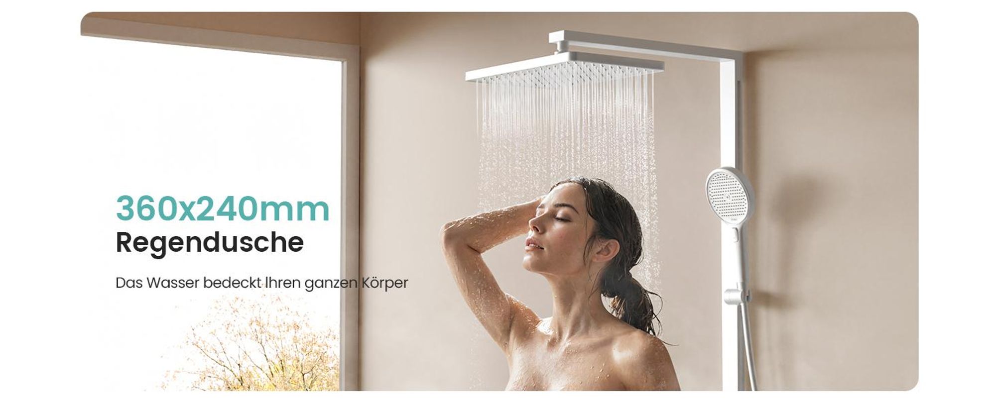 EMKE Duschsystem mit Thermostat, 36x24cm Regenduschkopf, Regendusche mit Glasablage, Handbrause mit 4 Strahlstärken, Bad- & Duscharmaturen, Weiß Matt