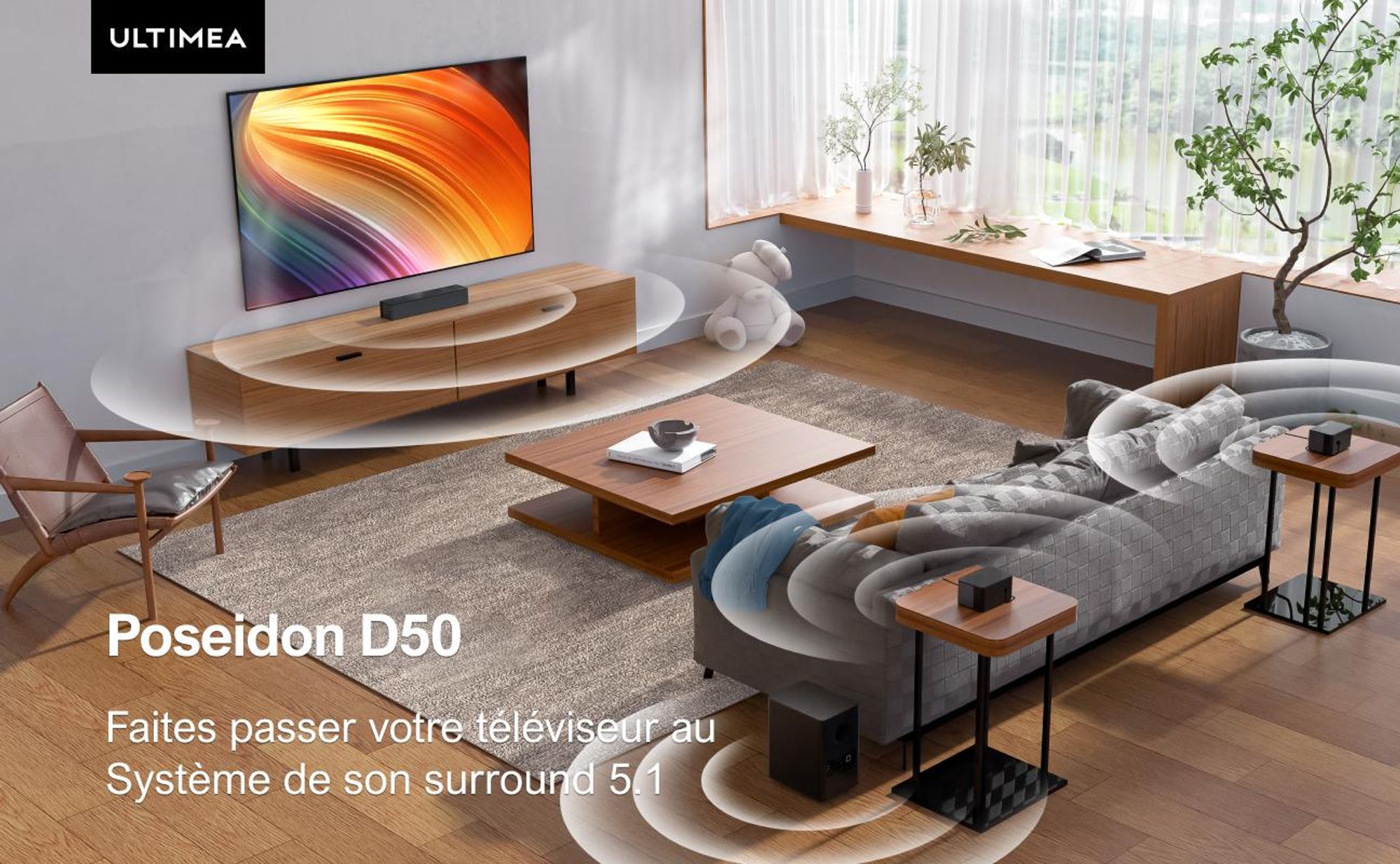 ULTIMEA 5.1 Surround Soundbar 320W, Virtual Surround System, Soundbar z subwooferem i tylnymi głośnikami, Regulacja dźwięku przestrzennego i basów Kino domowe