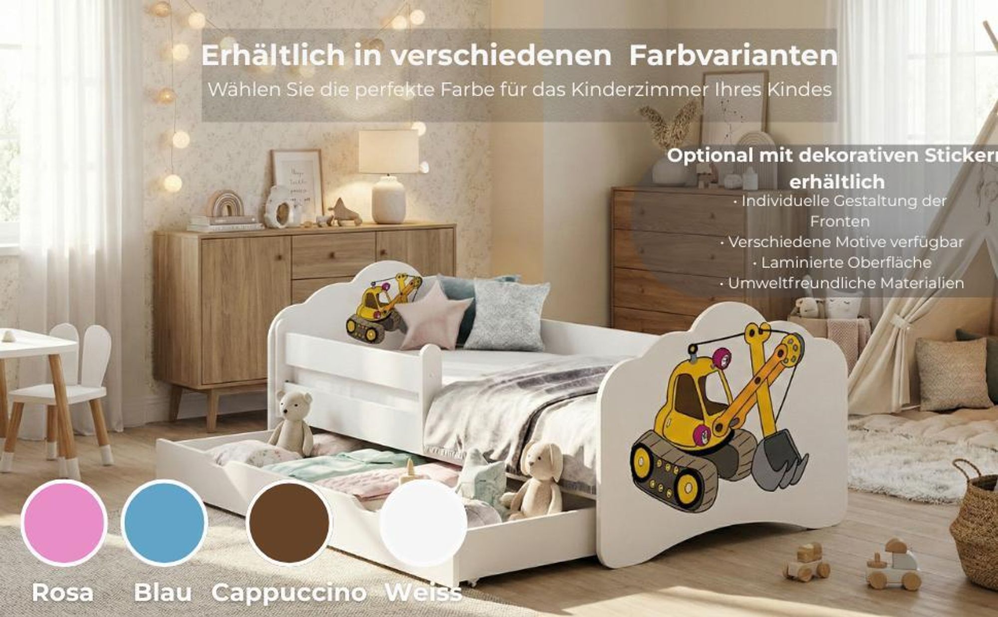 Viele Bettfarben und bunte Aufkleber zur Auswahl