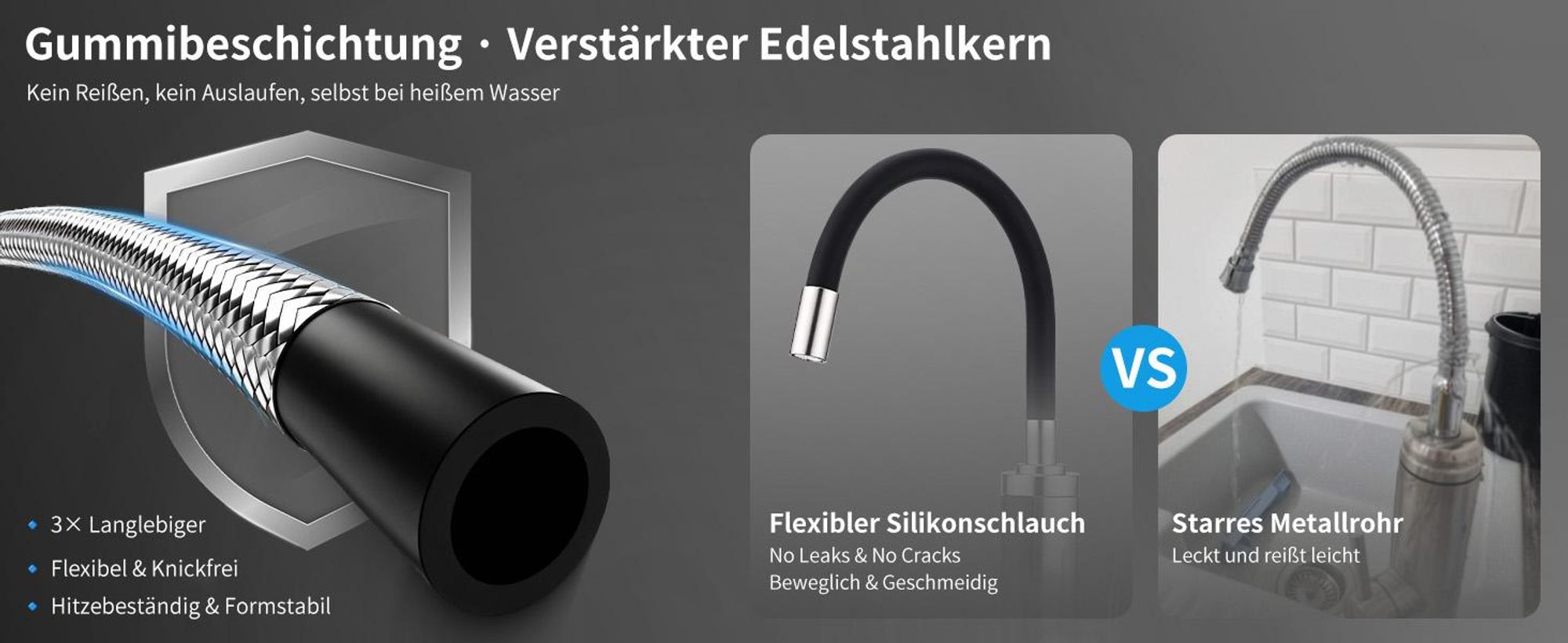 Homelody Elektrischer Wasserhahn mit Durchlauferhitzer 220V 3300W, Armatur Küche 304 Edelstahl mit 360° Flexibler Schlauch LED Temperaturanzeige